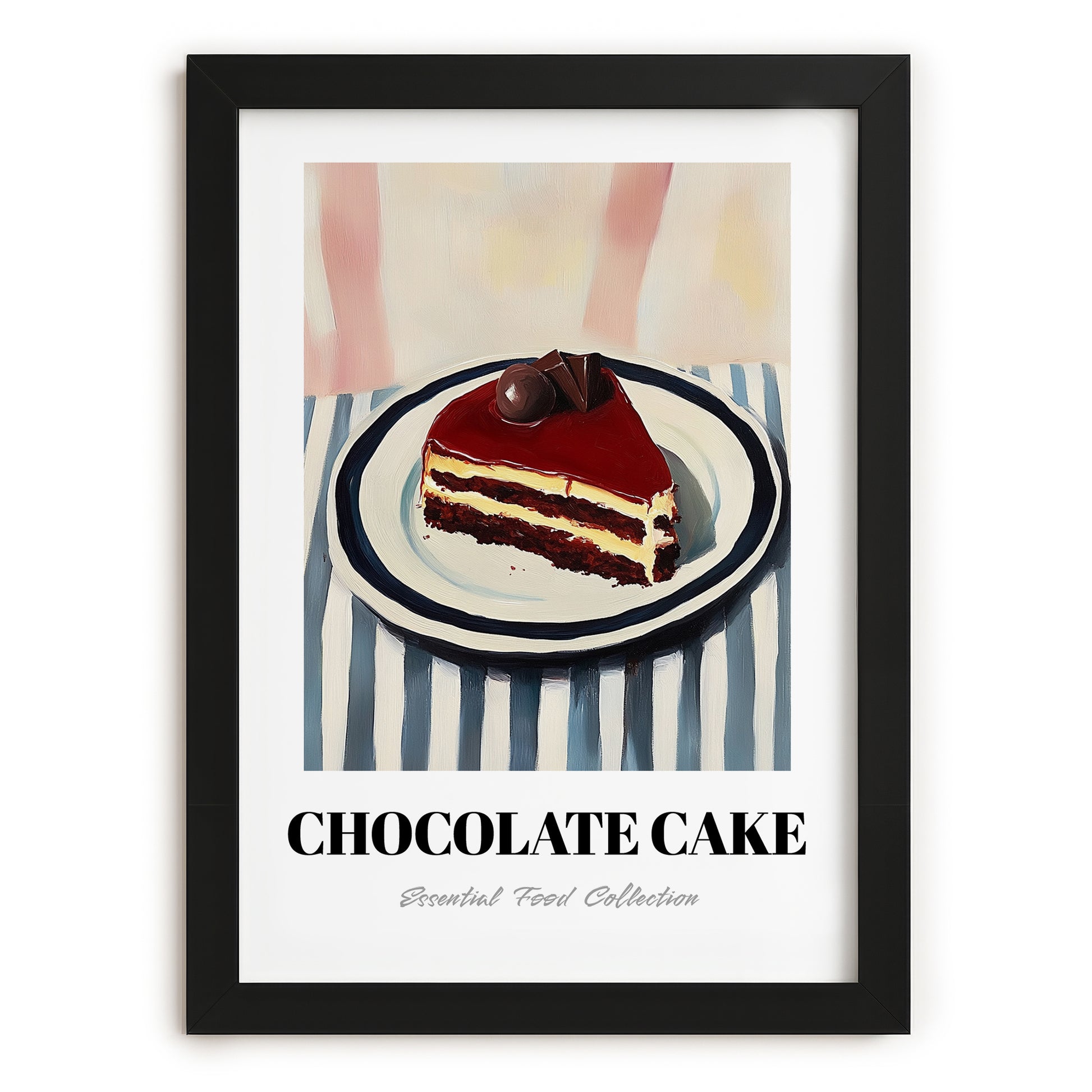 Chocolate Cake – on Striped Tablecloth, American Dessert Wall Illustration, in sleek black frame