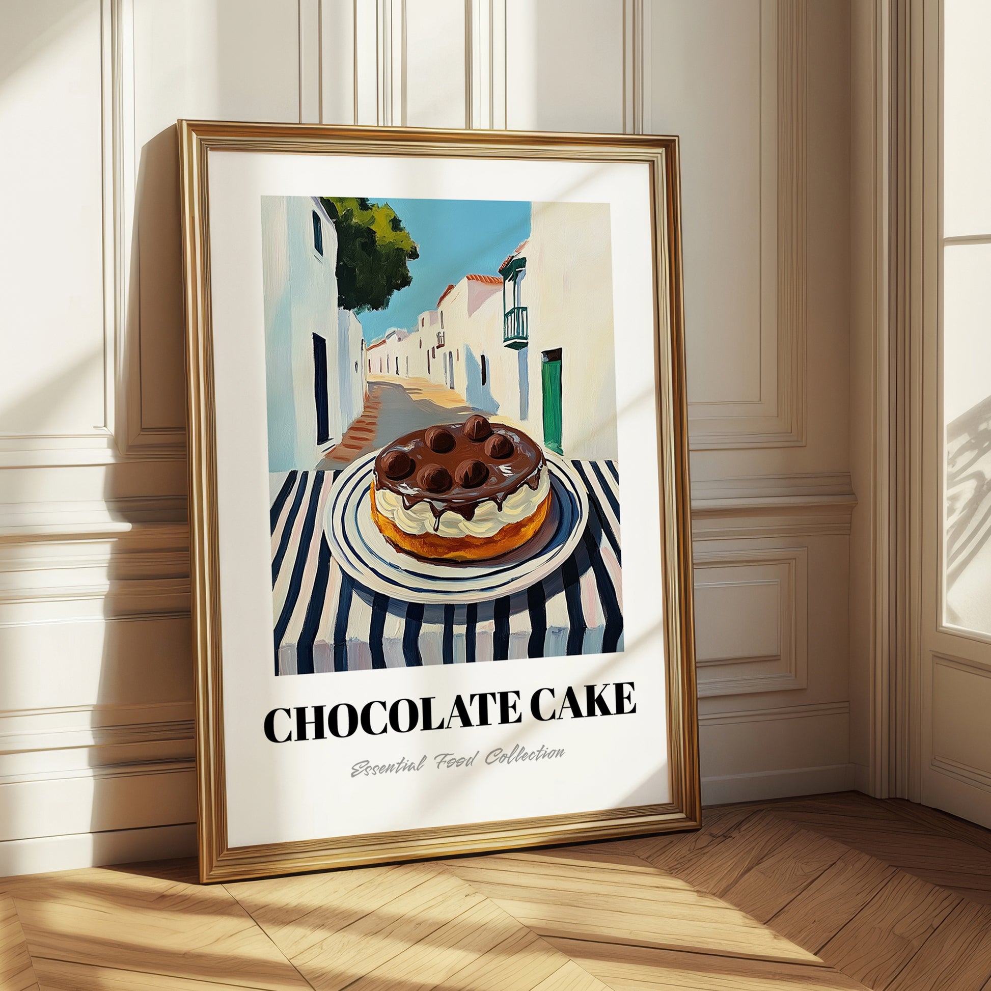 Chocolate Cake – White village Street Café Scene, American Dessert Print 