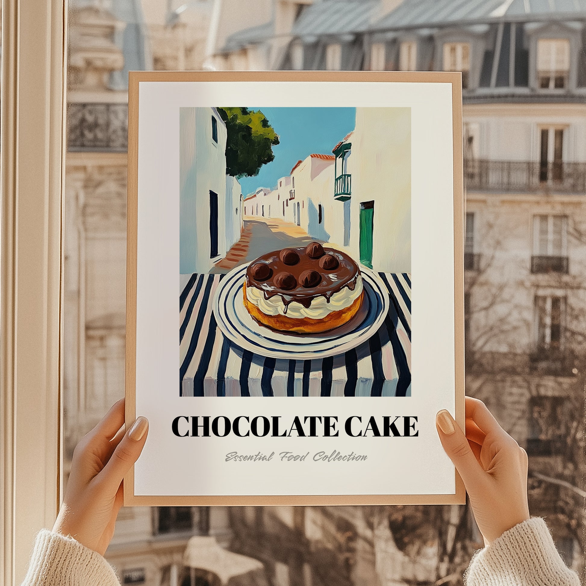 Chocolate Cake – White village Street Café Scene, American Dessert Print, styled in a charming Paris street view