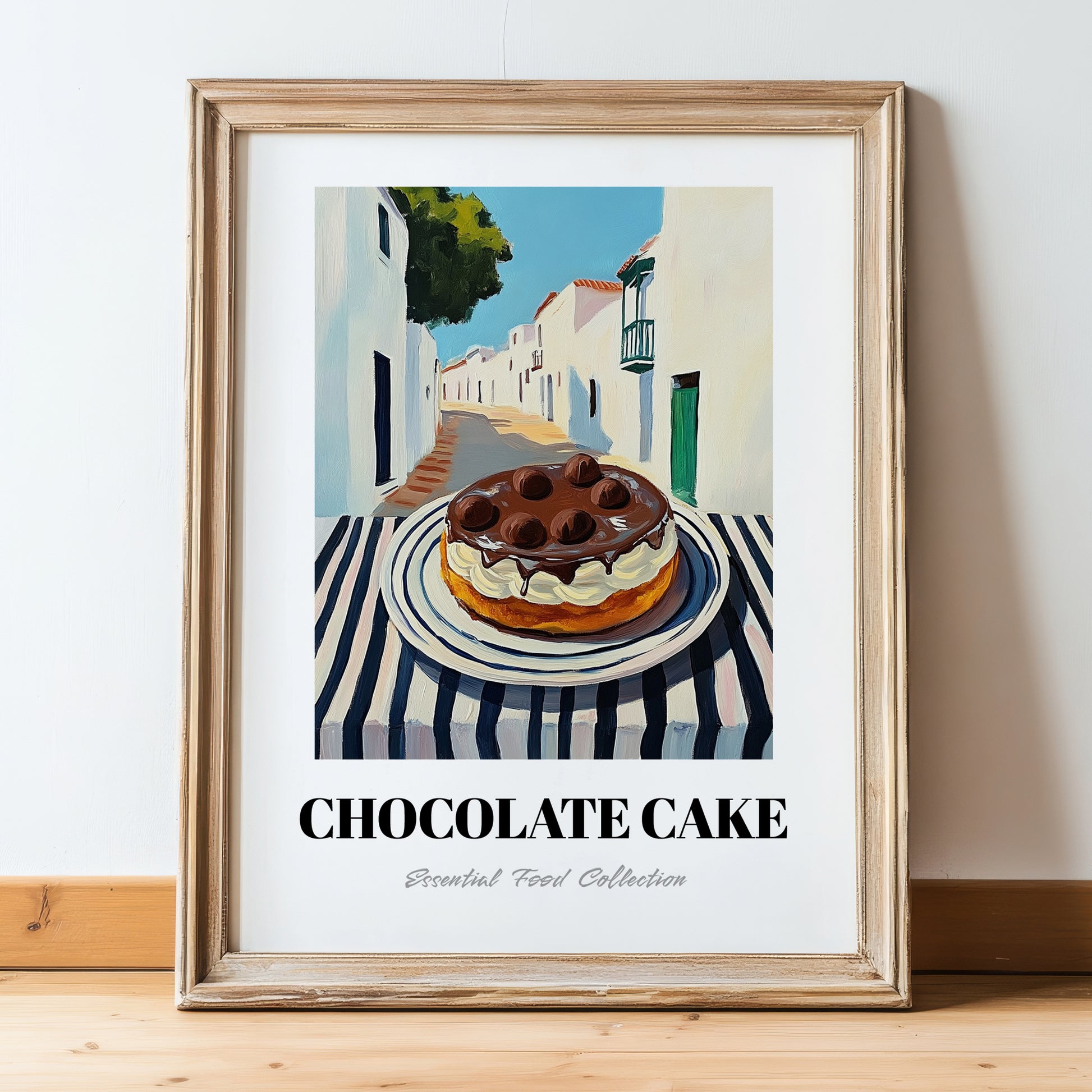 Chocolate Cake – White village Street Café Scene, American Dessert Print, in wooden frame leaning on the floor