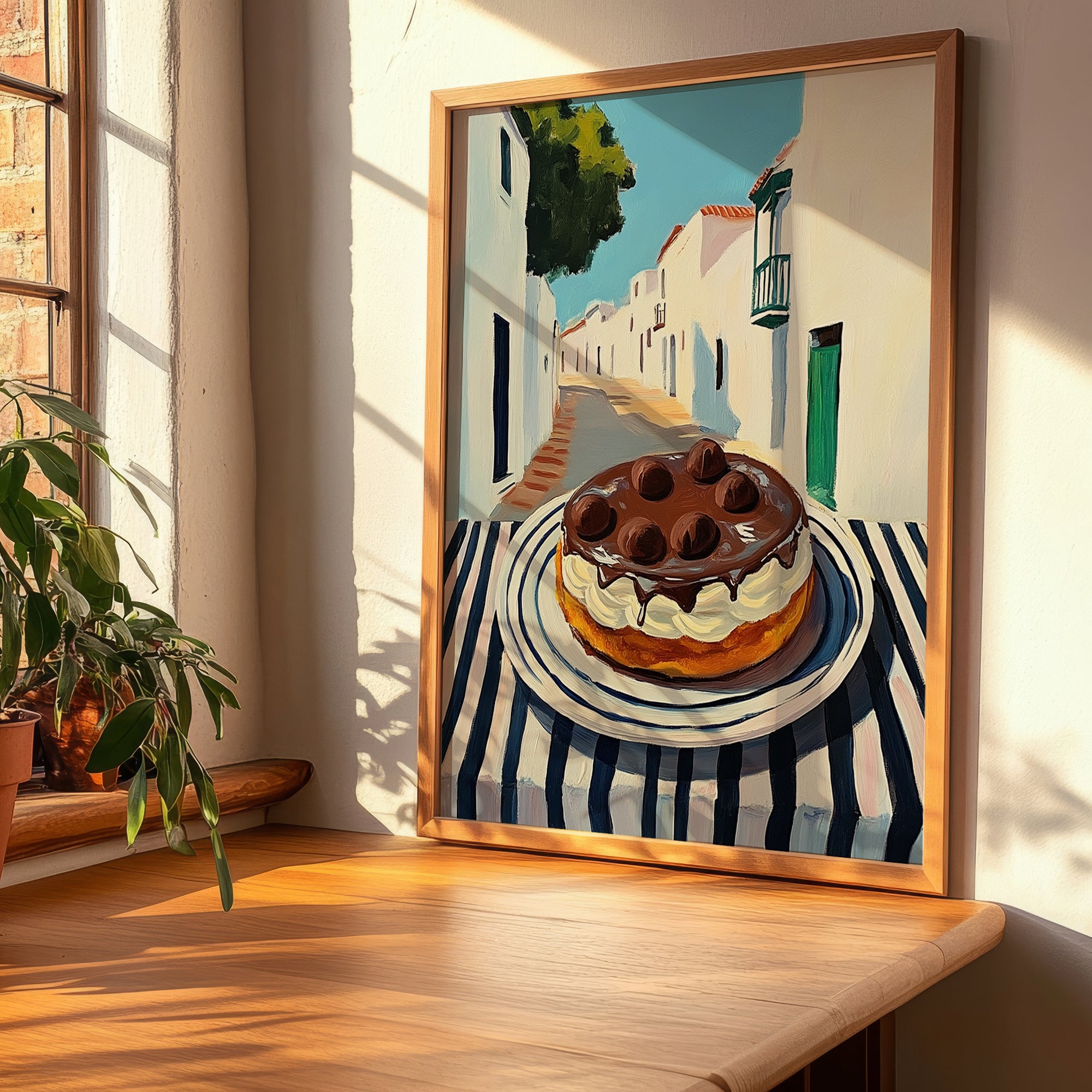 Chocolate Cake – White village Street Café Scene, American Dessert Print, clean layout with no caption