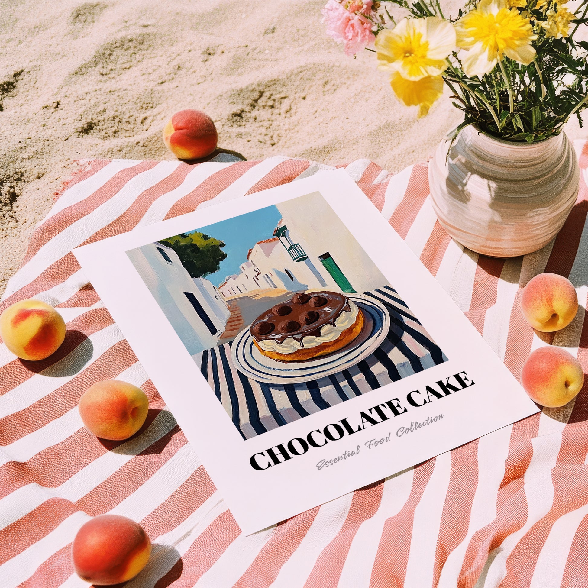 Chocolate Cake – White village Street Café Scene, American Dessert Print, unframed on coastal sand