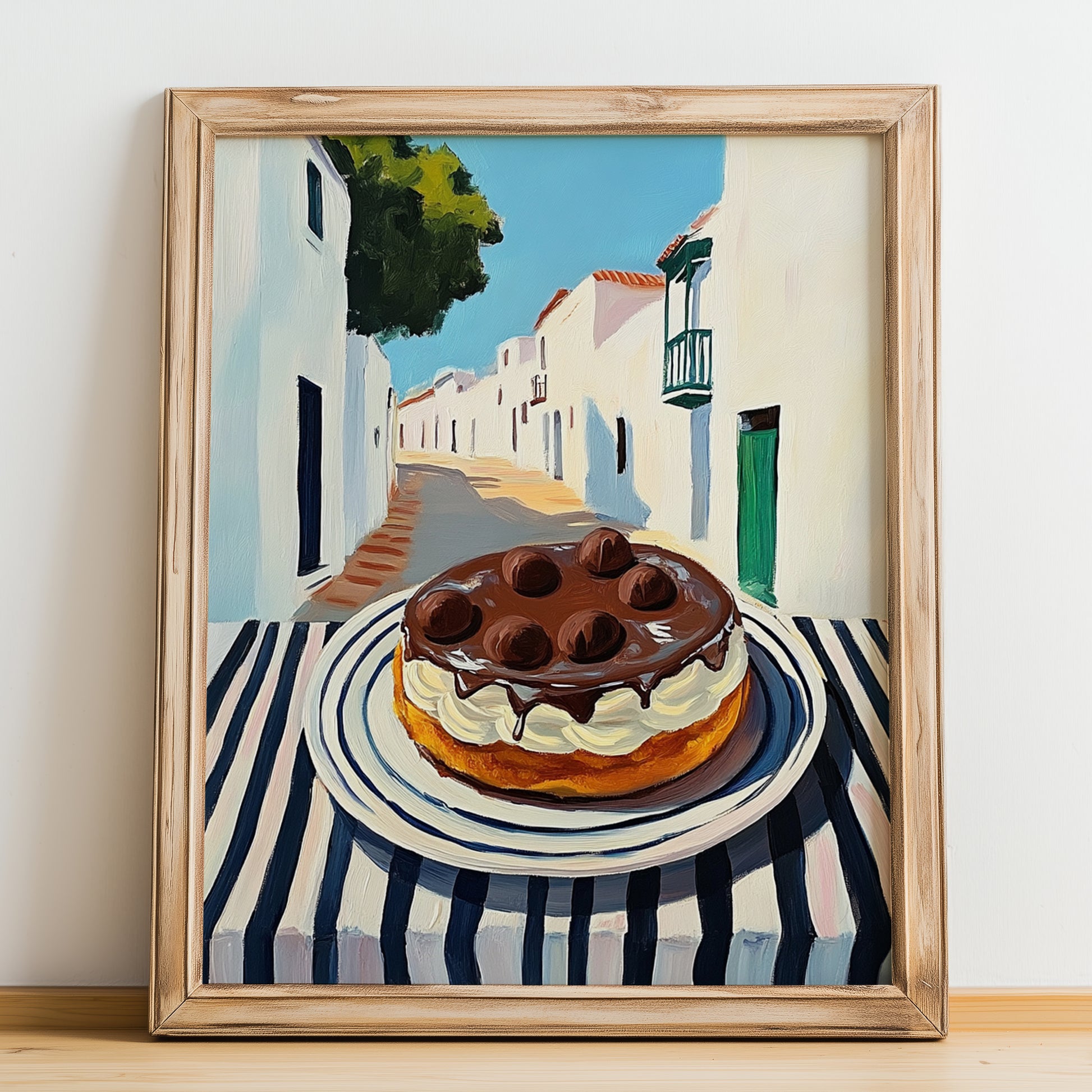 Chocolate Cake – White village Street Café Scene, American Dessert Print, no-text version framed in wood