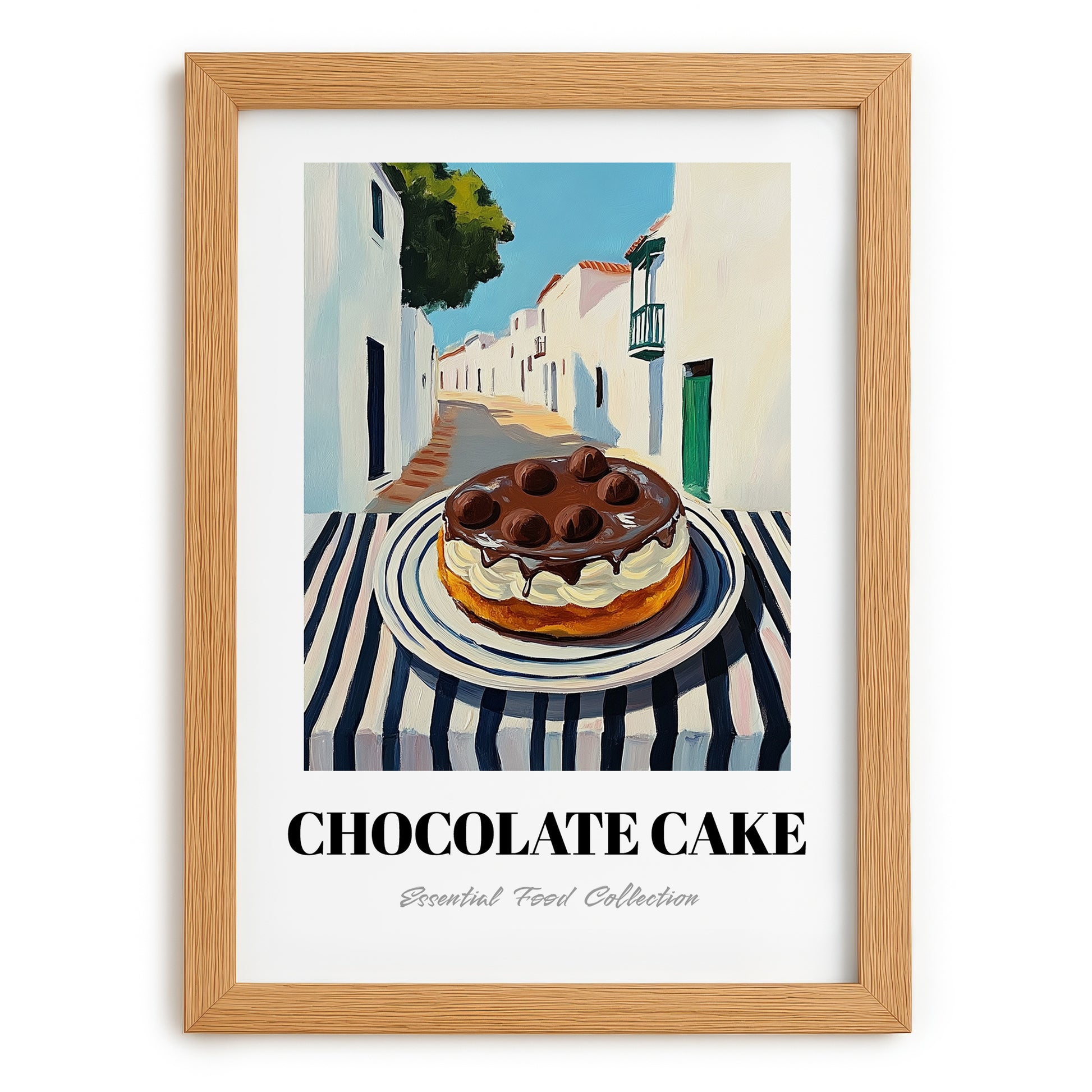 Chocolate Cake – White village Street Café Scene, American Dessert Print, set in oak frame