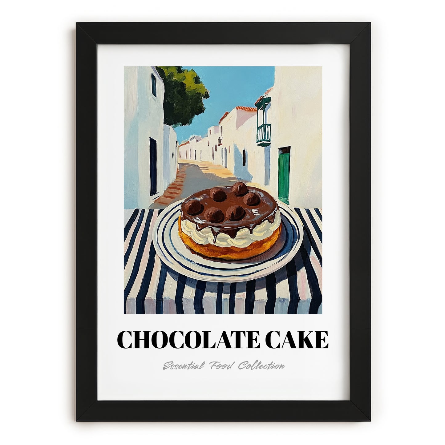 Chocolate Cake – White village Street Café Scene, American Dessert Print, in sleek black frame