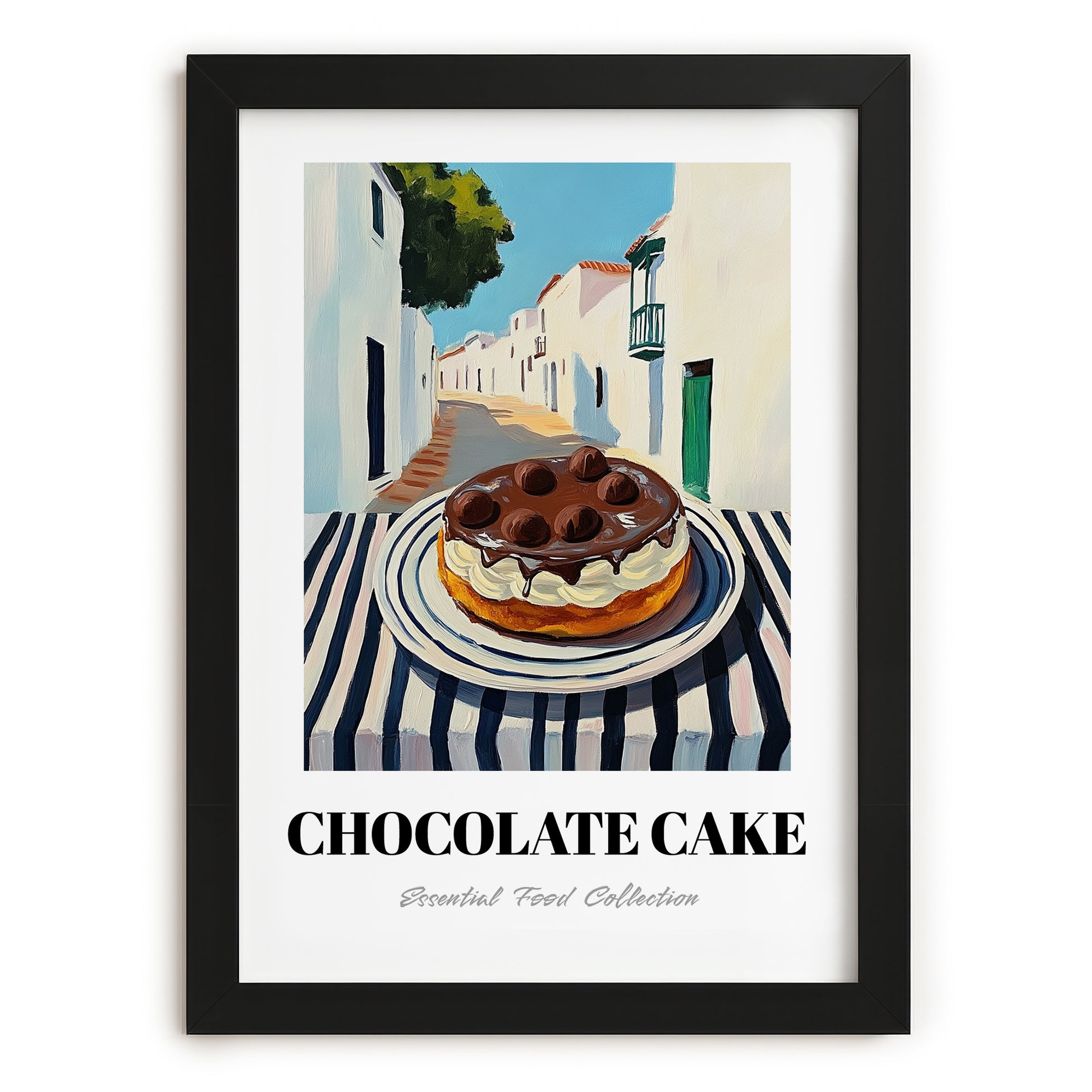 Chocolate Cake – White village Street Café Scene, American Dessert Print, in sleek black frame