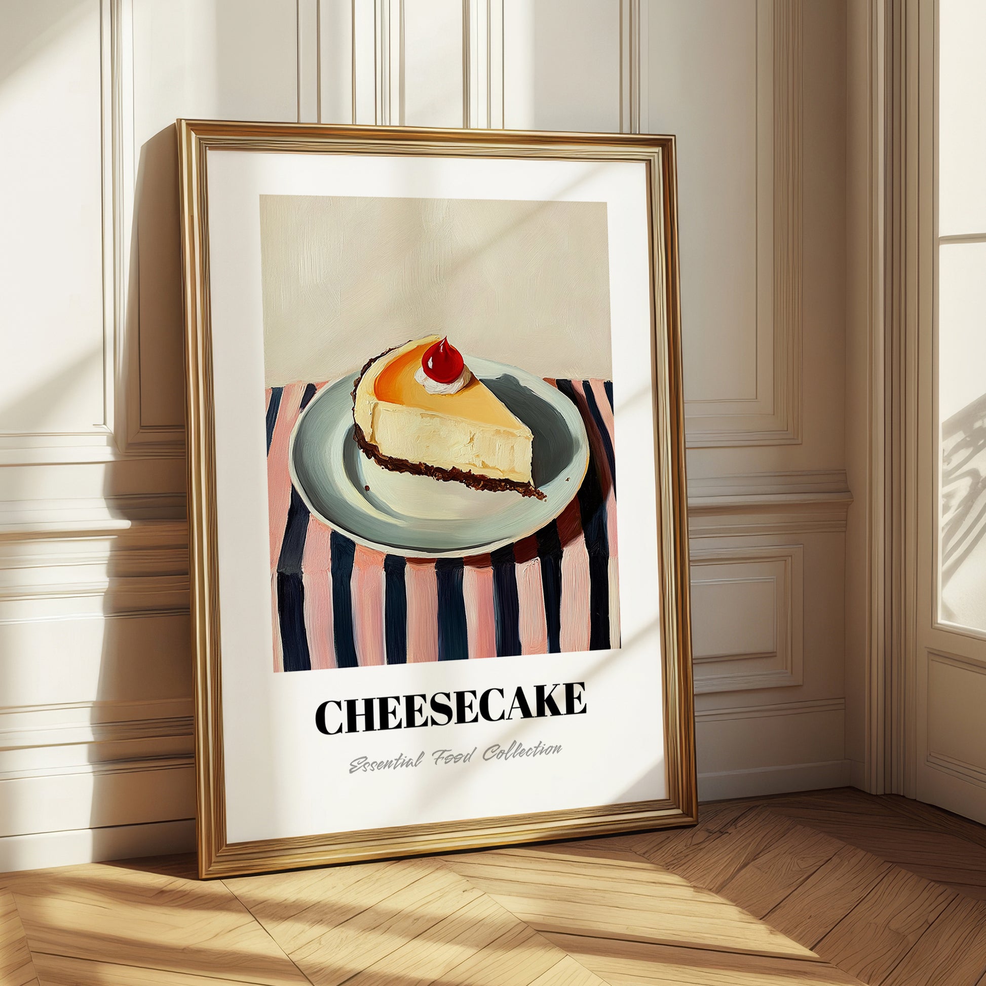 Cheesecake – on Striped Tablecloth, American Dessert Wall Decor 
