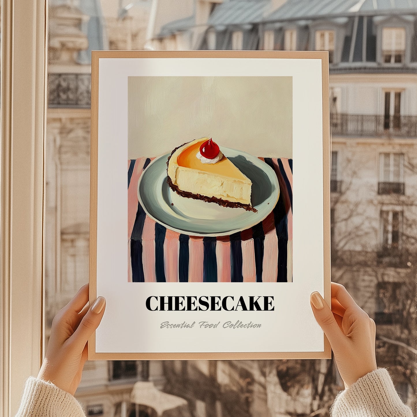 Cheesecake – on Striped Tablecloth, American Dessert Wall Decor, styled in a charming Paris street view