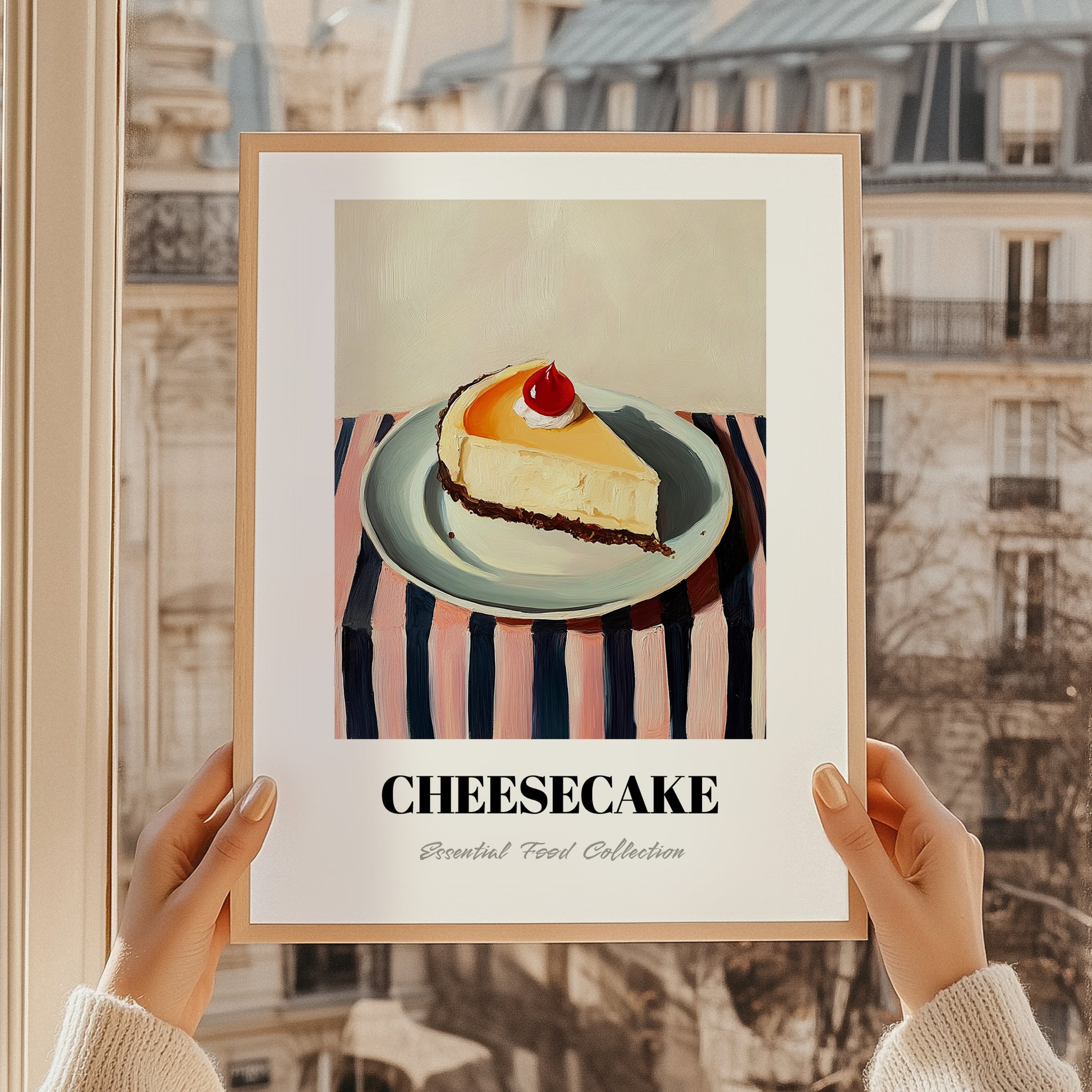 Cheesecake – on Striped Tablecloth, American Dessert Wall Decor, styled in a charming Paris street view