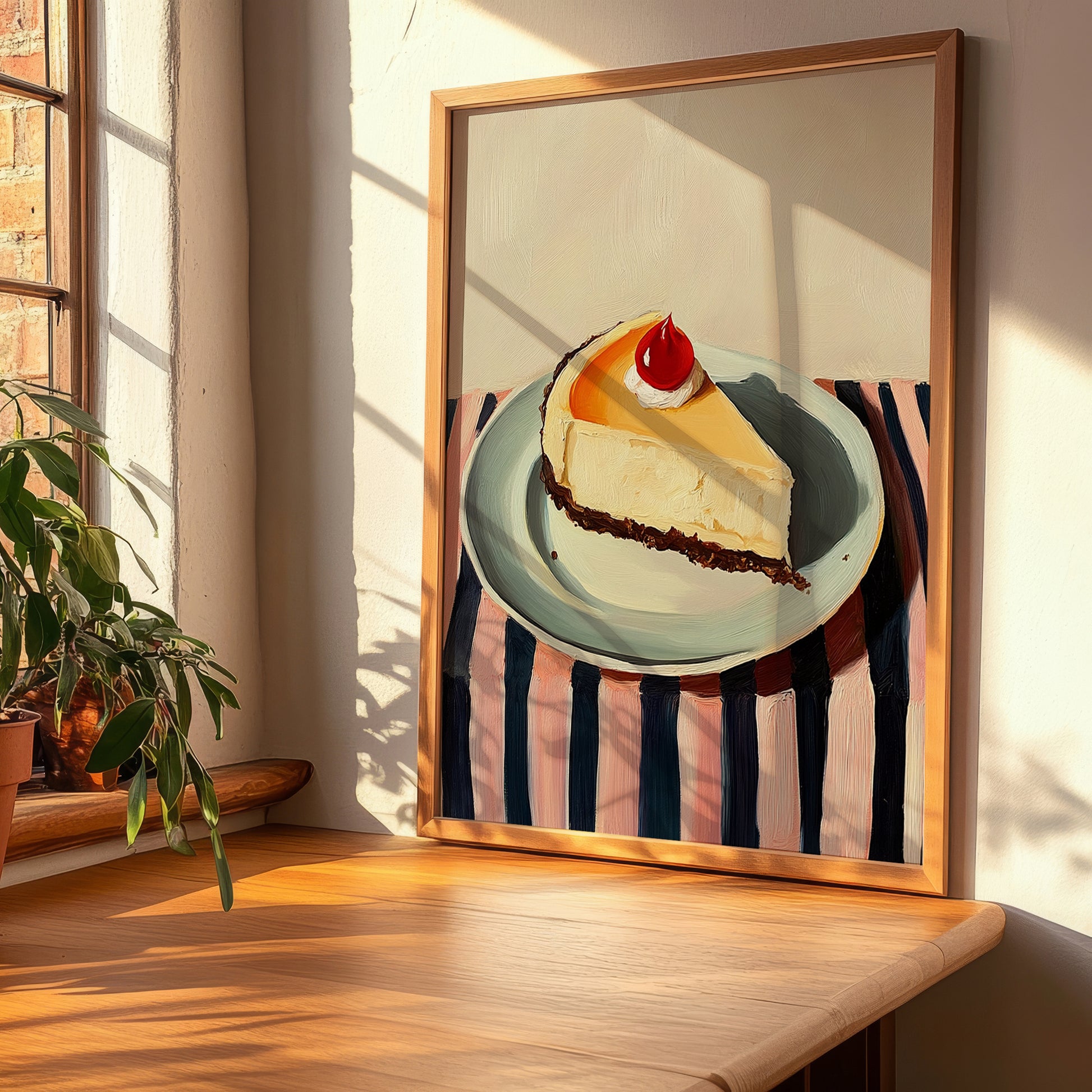 Cheesecake – on Striped Tablecloth, American Dessert Wall Decor, clean layout with no caption