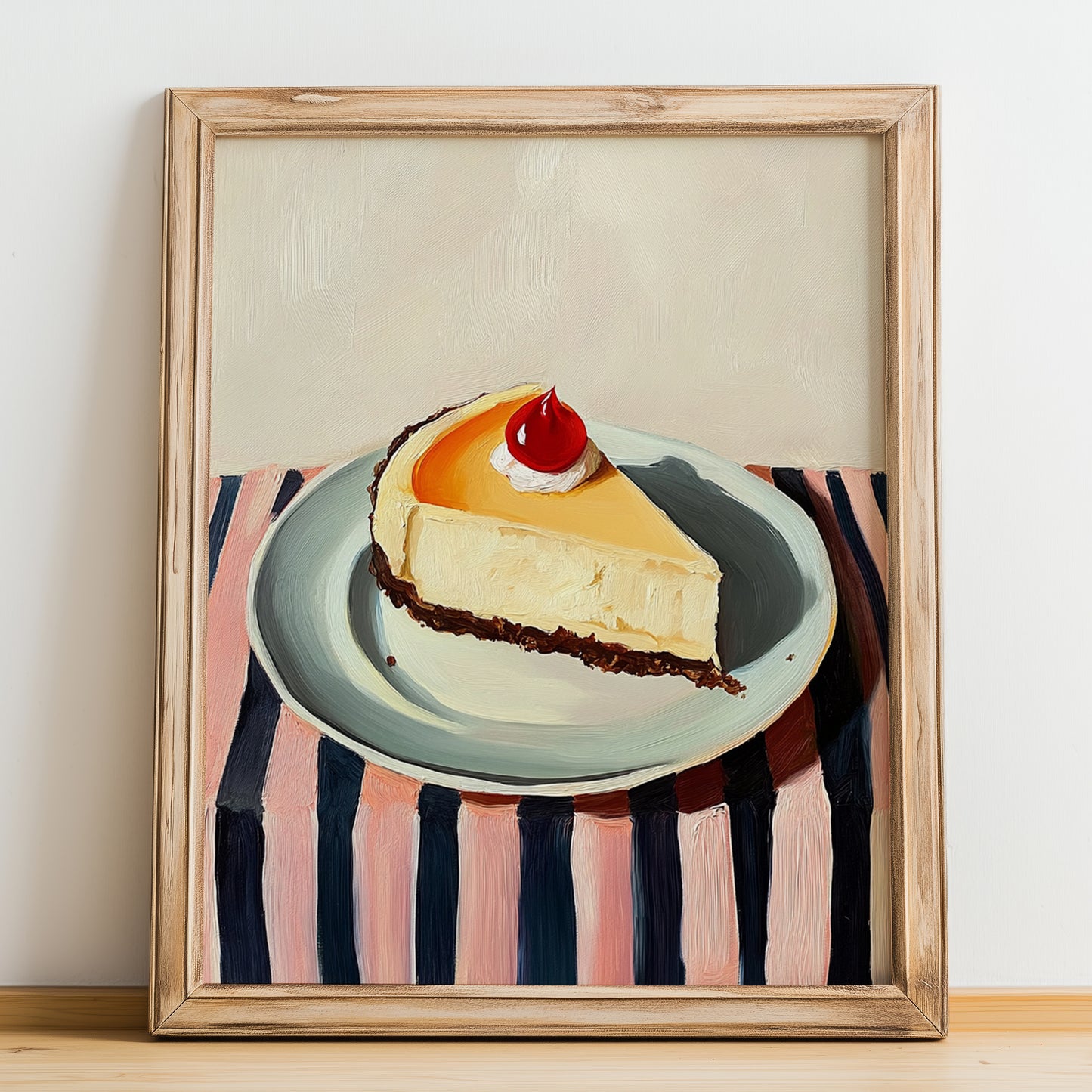 Cheesecake – on Striped Tablecloth, American Dessert Wall Decor, no-text version framed in wood