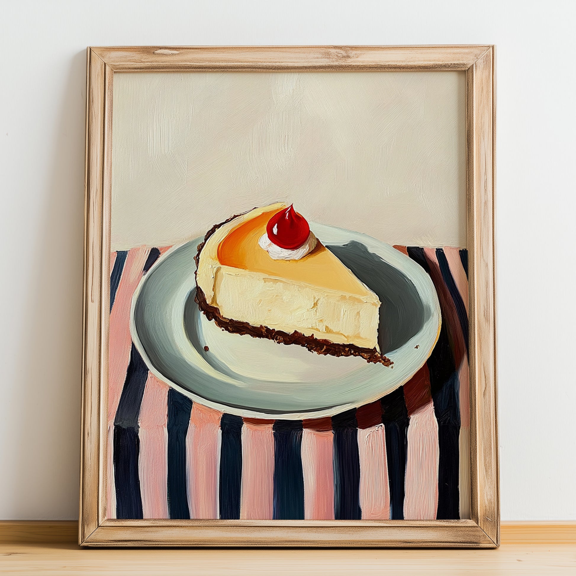 Cheesecake – on Striped Tablecloth, American Dessert Wall Decor, no-text version framed in wood