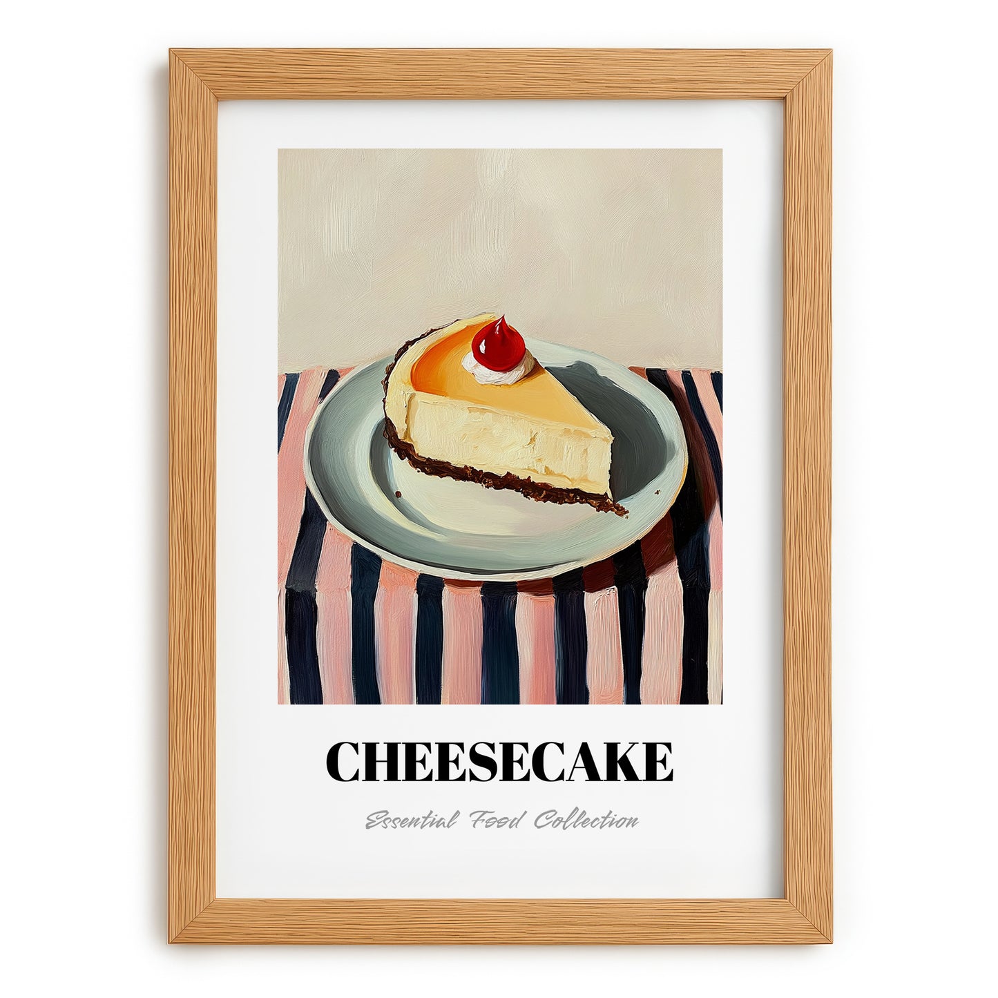 Cheesecake – on Striped Tablecloth, American Dessert Wall Decor, set in oak frame