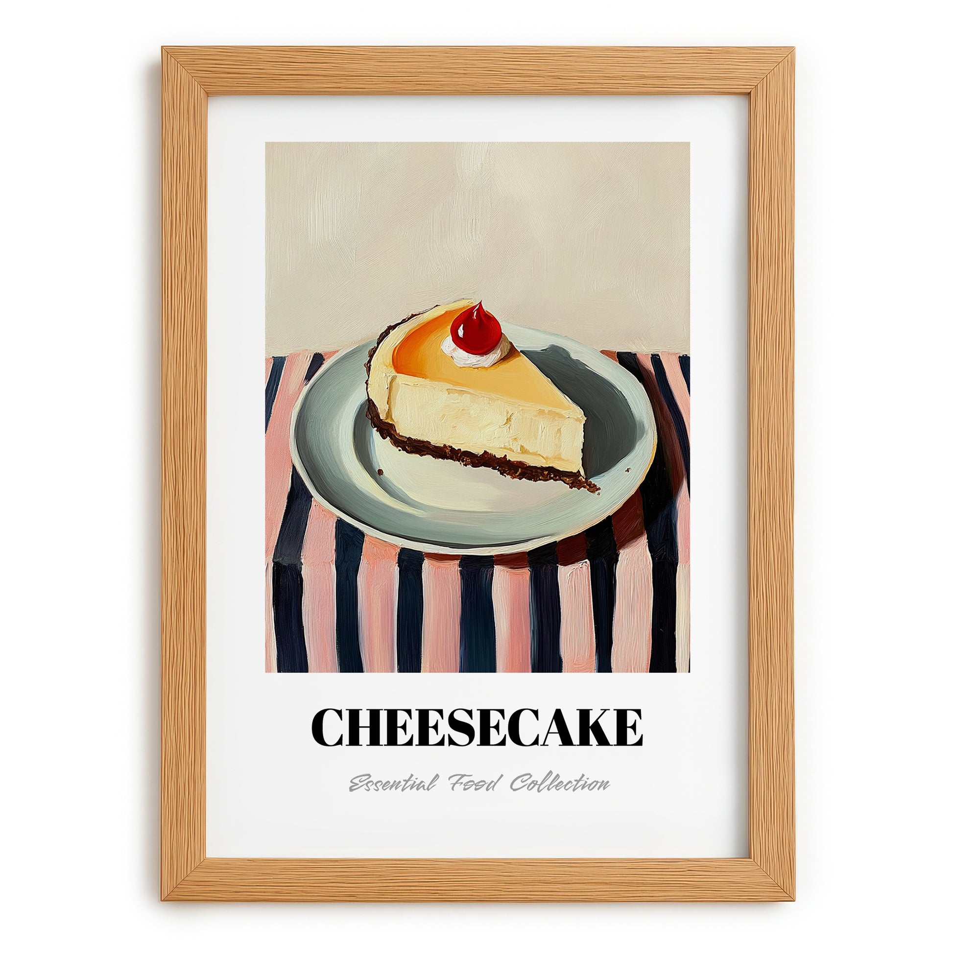 Cheesecake – on Striped Tablecloth, American Dessert Wall Decor, set in oak frame