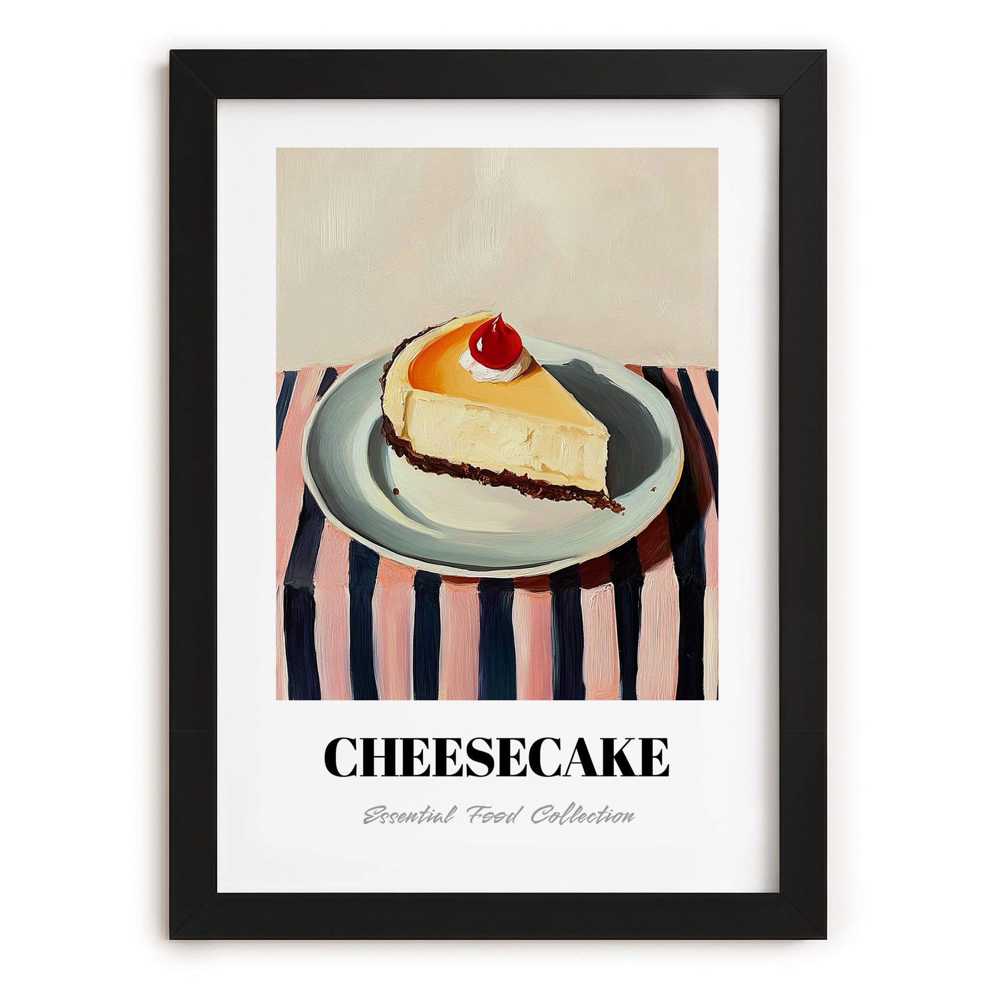 Cheesecake – on Striped Tablecloth, American Dessert Wall Decor, in sleek black frame