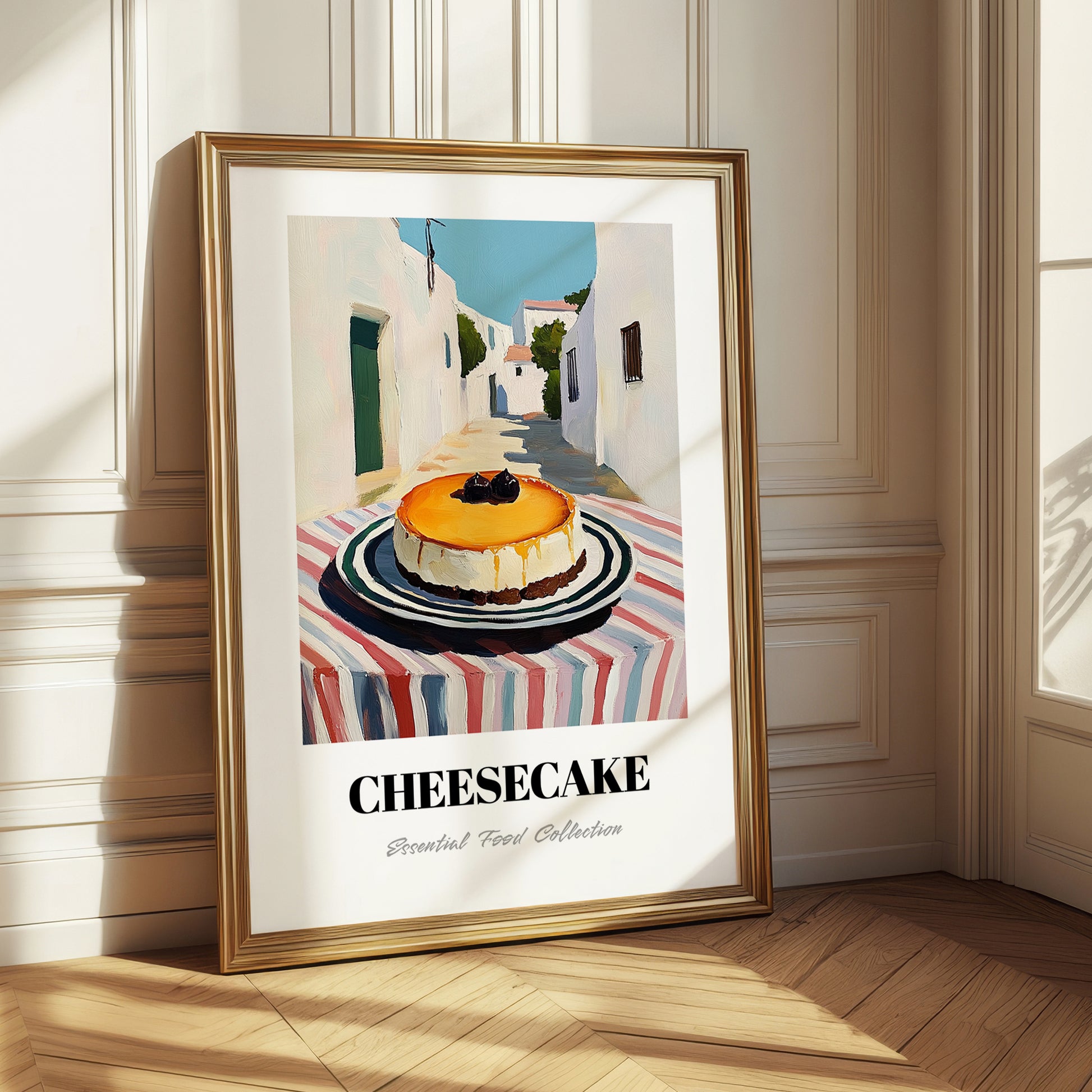 Cheesecake – White village Outdoor Café Scene, American Dessert Poster 