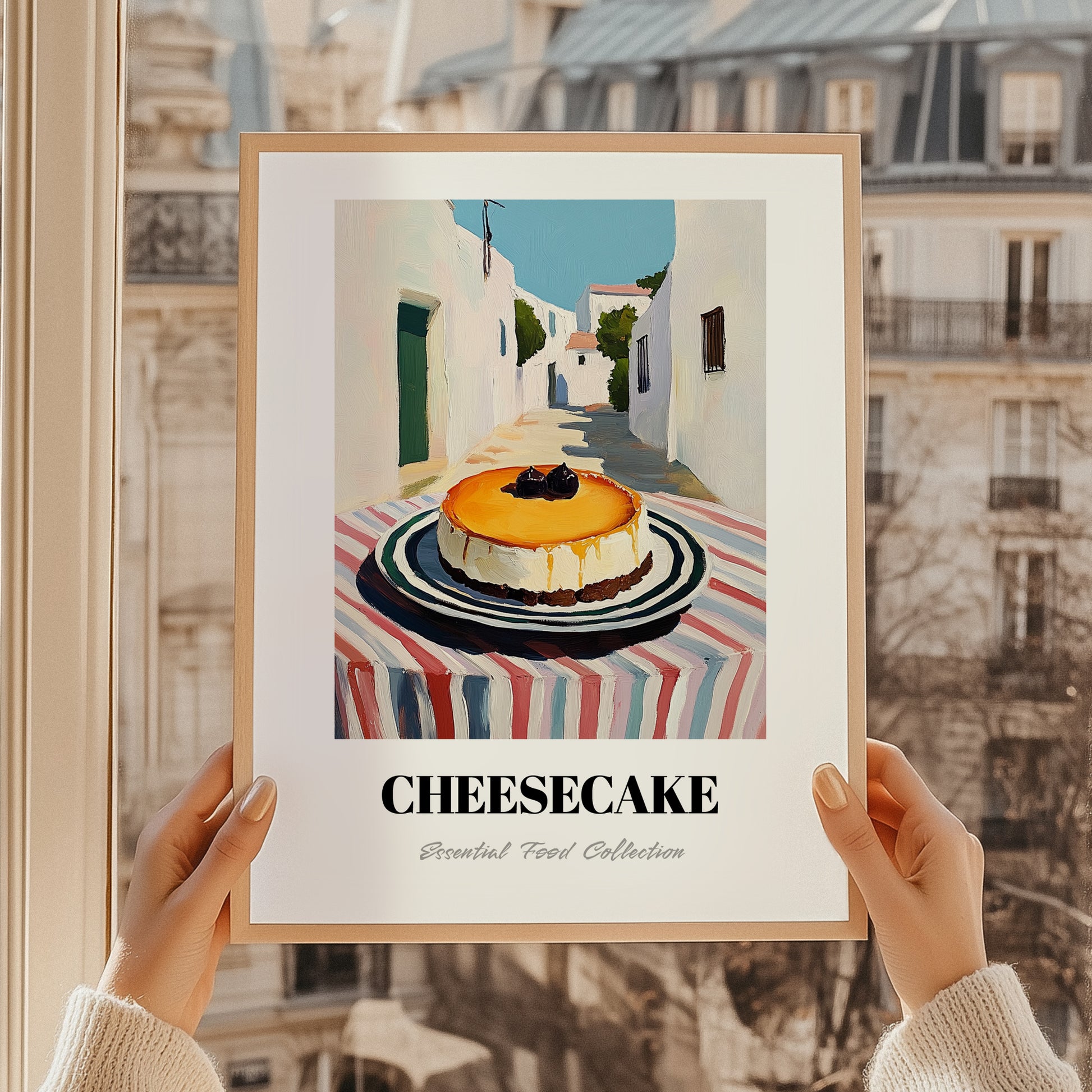 Cheesecake – White village Outdoor Café Scene, American Dessert Poster, styled in a charming Paris street view