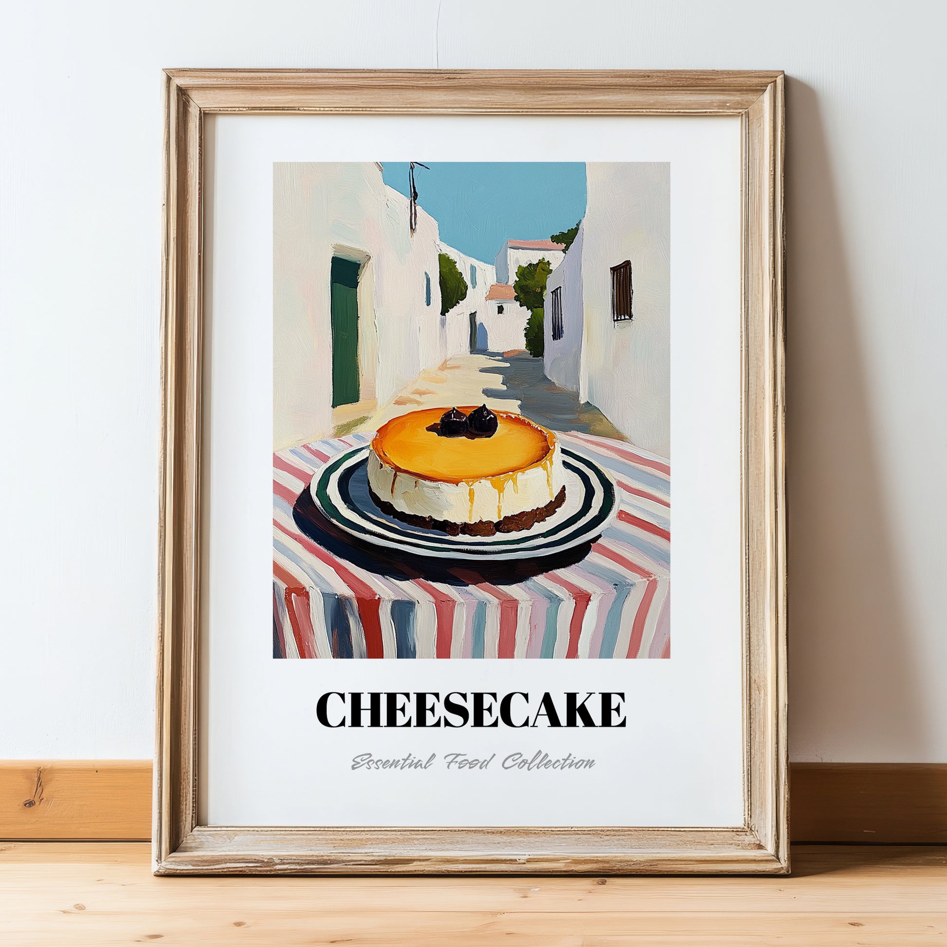 Cheesecake – White village Outdoor Café Scene, American Dessert Poster, in wooden frame leaning on the floor