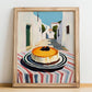 Cheesecake – White village Outdoor Café Scene, American Dessert Poster, no-text version framed in wood