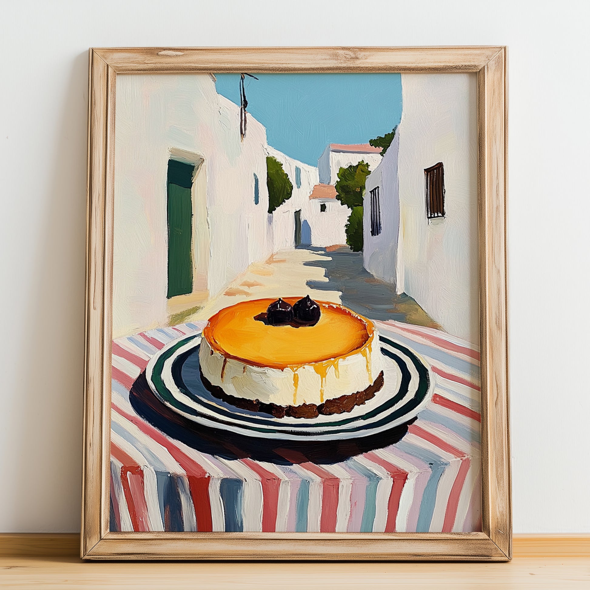Cheesecake – White village Outdoor Café Scene, American Dessert Poster, no-text version framed in wood