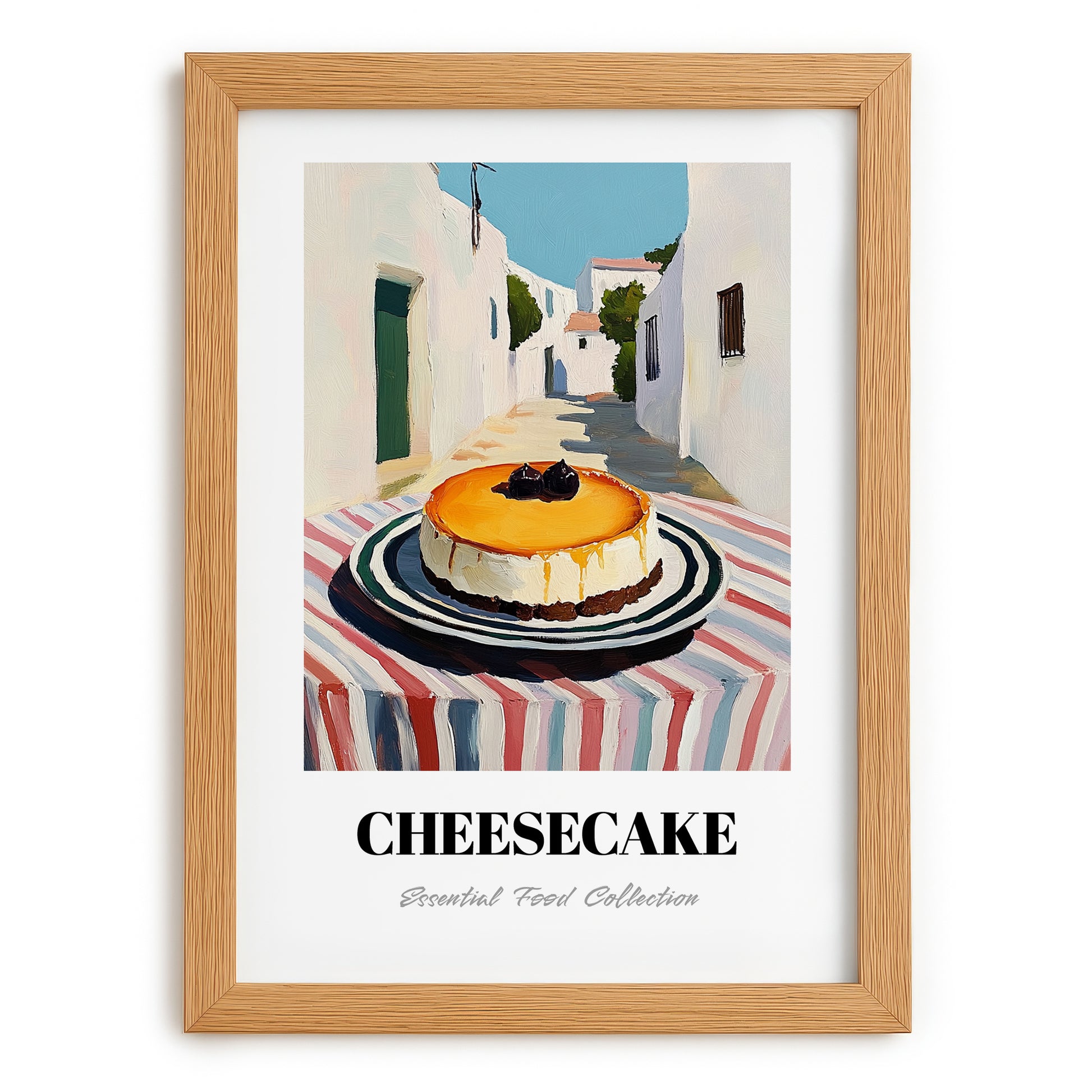 Cheesecake – White village Outdoor Café Scene, American Dessert Poster, set in oak frame