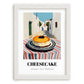 Cheesecake – White village Outdoor Café Scene, American Dessert Poster, placed in minimal white frame