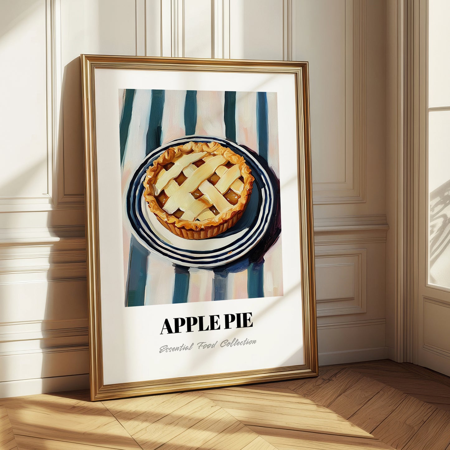 Apple Pie – on Striped Tablecloth, American Dessert Print 
