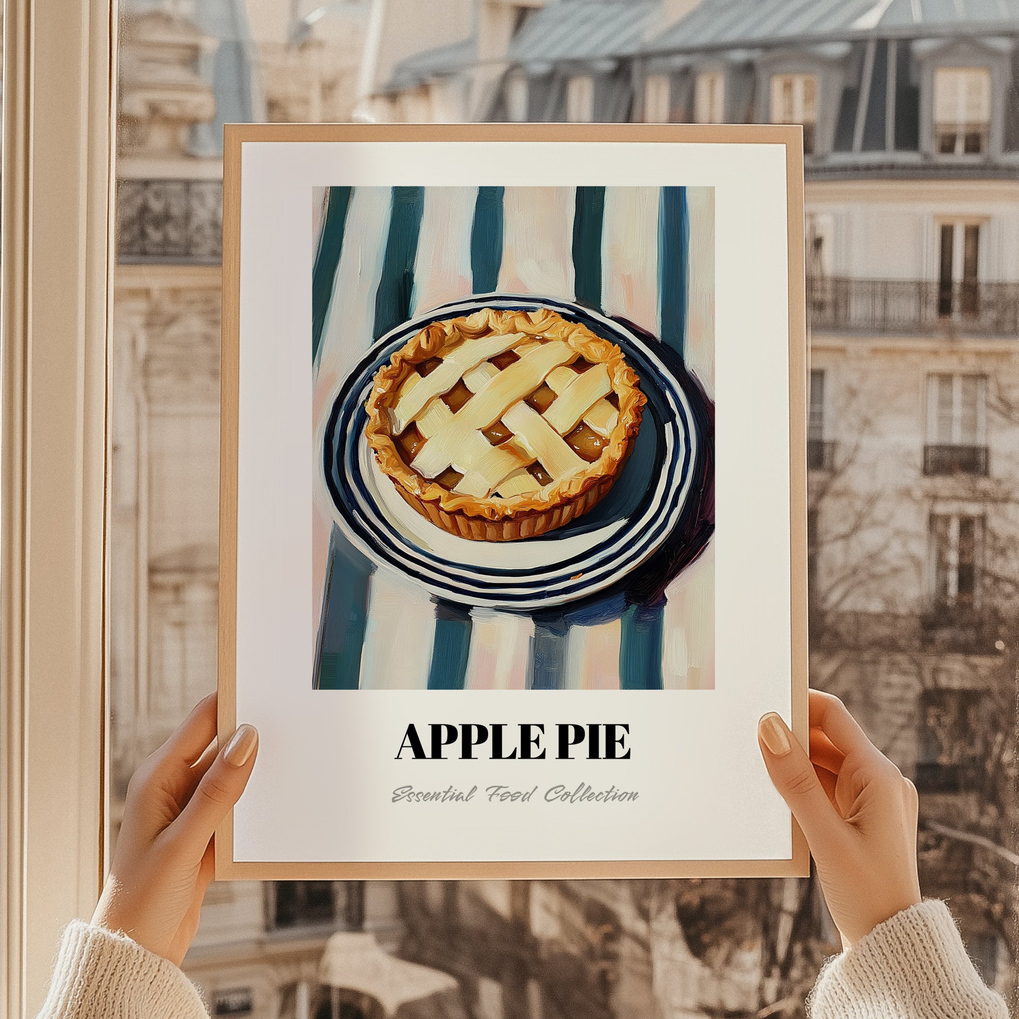 Apple Pie – on Striped Tablecloth, American Dessert Print, styled in a charming Paris street view