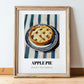 Apple Pie – on Striped Tablecloth, American Dessert Print, in wooden frame leaning on the floor