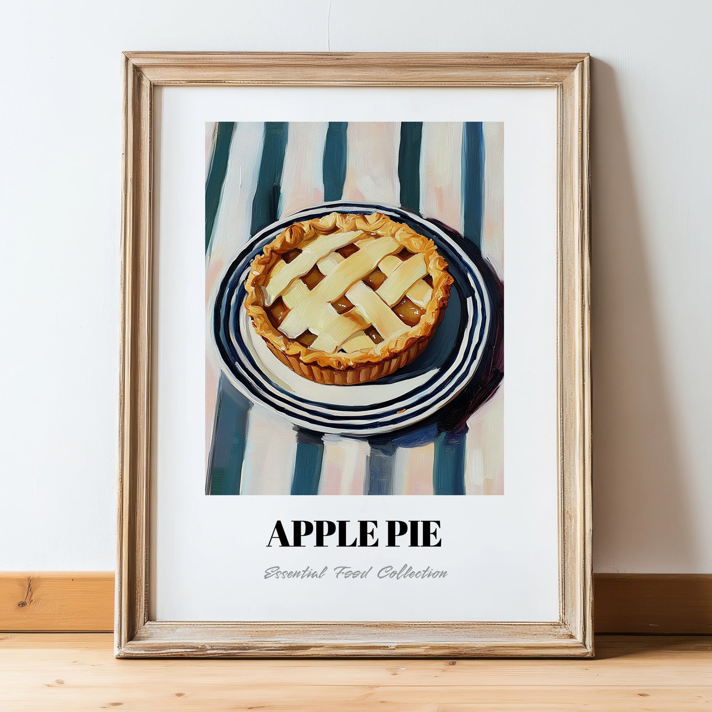 Apple Pie – on Striped Tablecloth, American Dessert Print, in wooden frame leaning on the floor