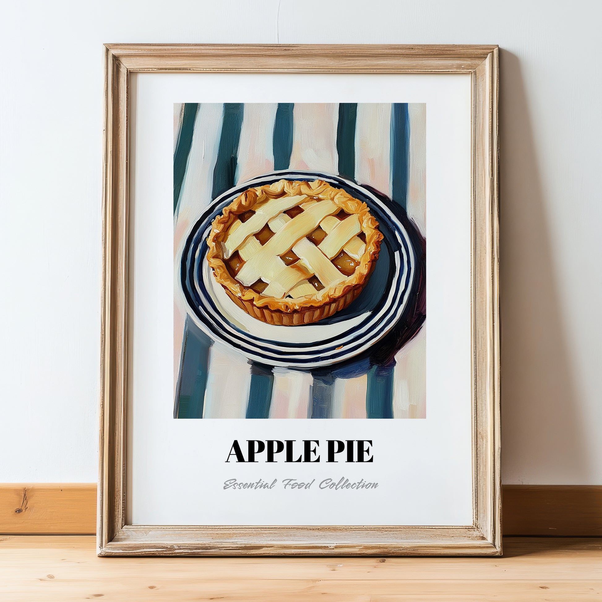 Apple Pie – on Striped Tablecloth, American Dessert Print, in wooden frame leaning on the floor