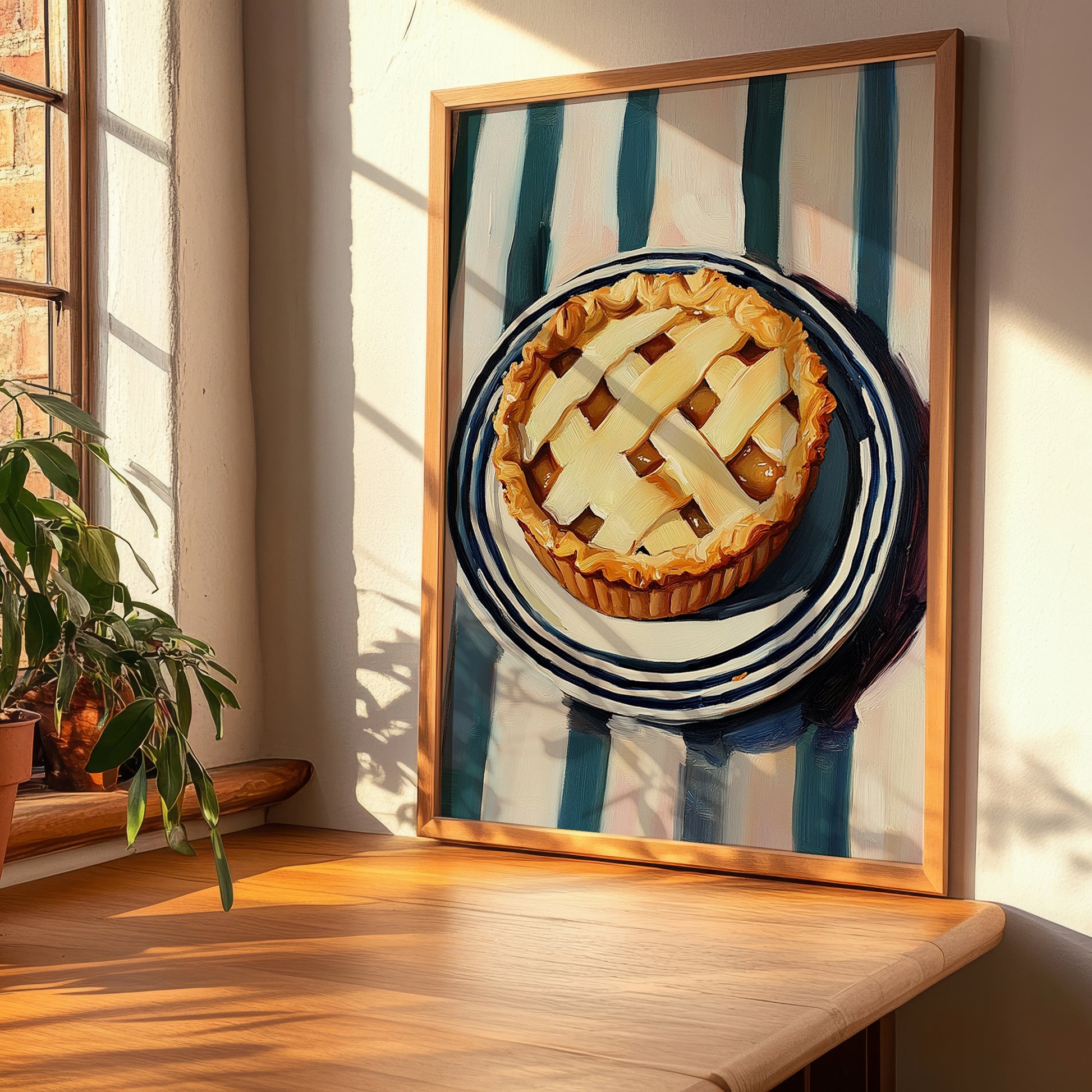 Apple Pie – on Striped Tablecloth, American Dessert Print, clean layout with no caption