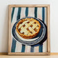 Apple Pie – on Striped Tablecloth, American Dessert Print, no-text version framed in wood