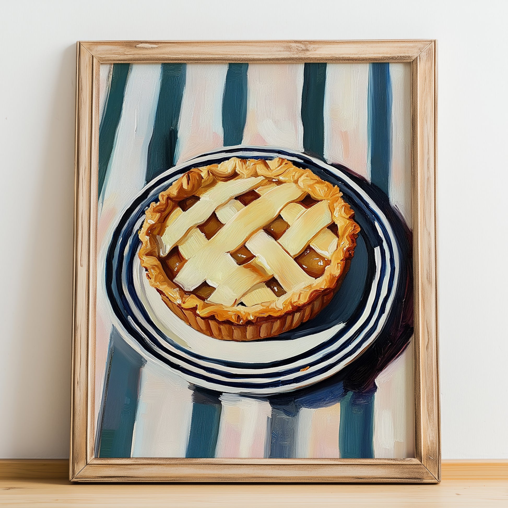 Apple Pie – on Striped Tablecloth, American Dessert Print, no-text version framed in wood