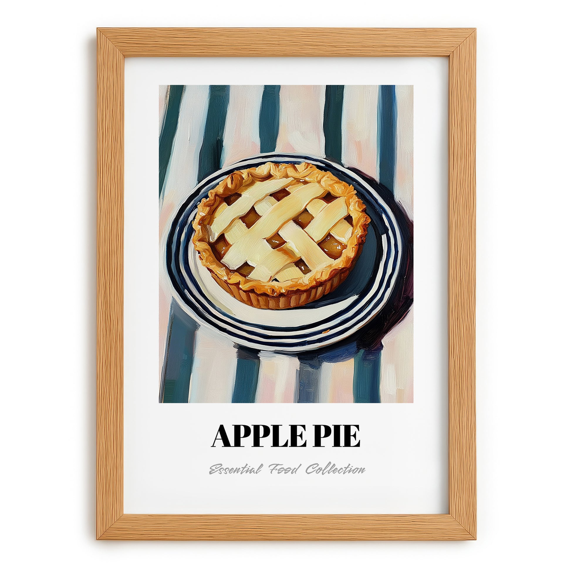 Apple Pie – on Striped Tablecloth, American Dessert Print, set in oak frame