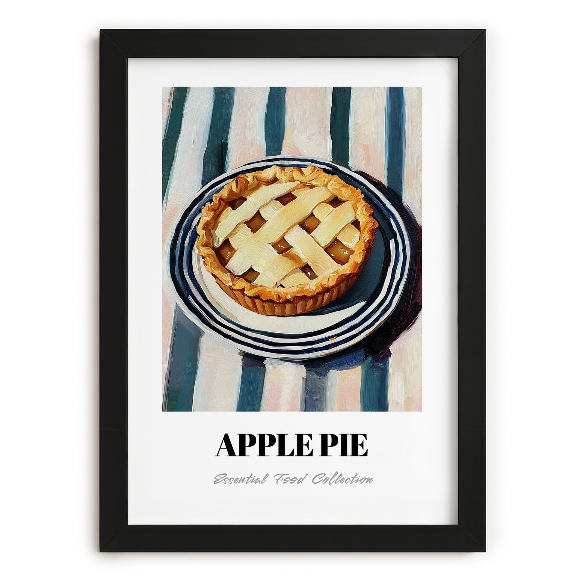 Apple Pie – on Striped Tablecloth, American Dessert Print, in sleek black frame