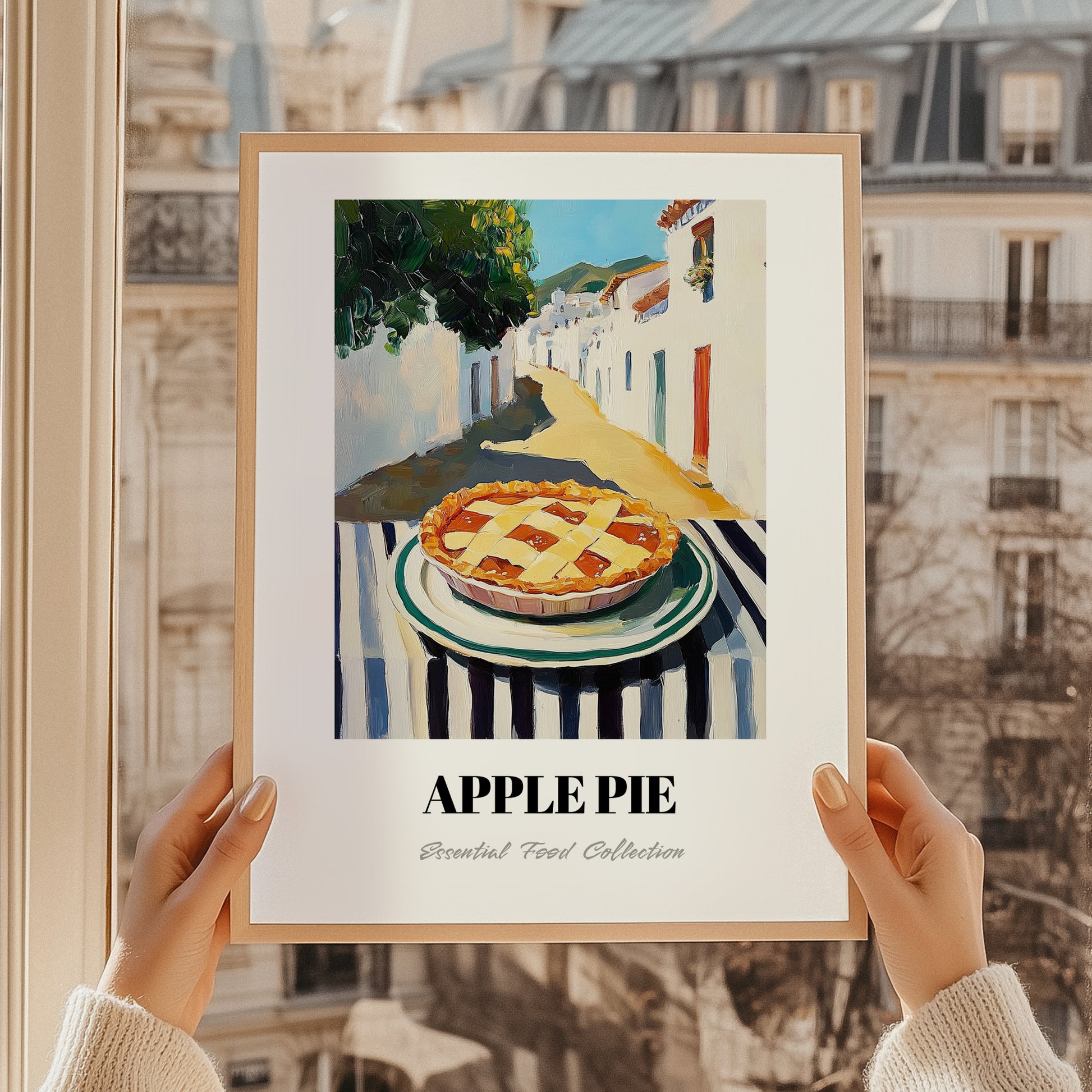 Apple Pie – White village Café on the Corner, American Dessert Poster, styled in a charming Paris street view