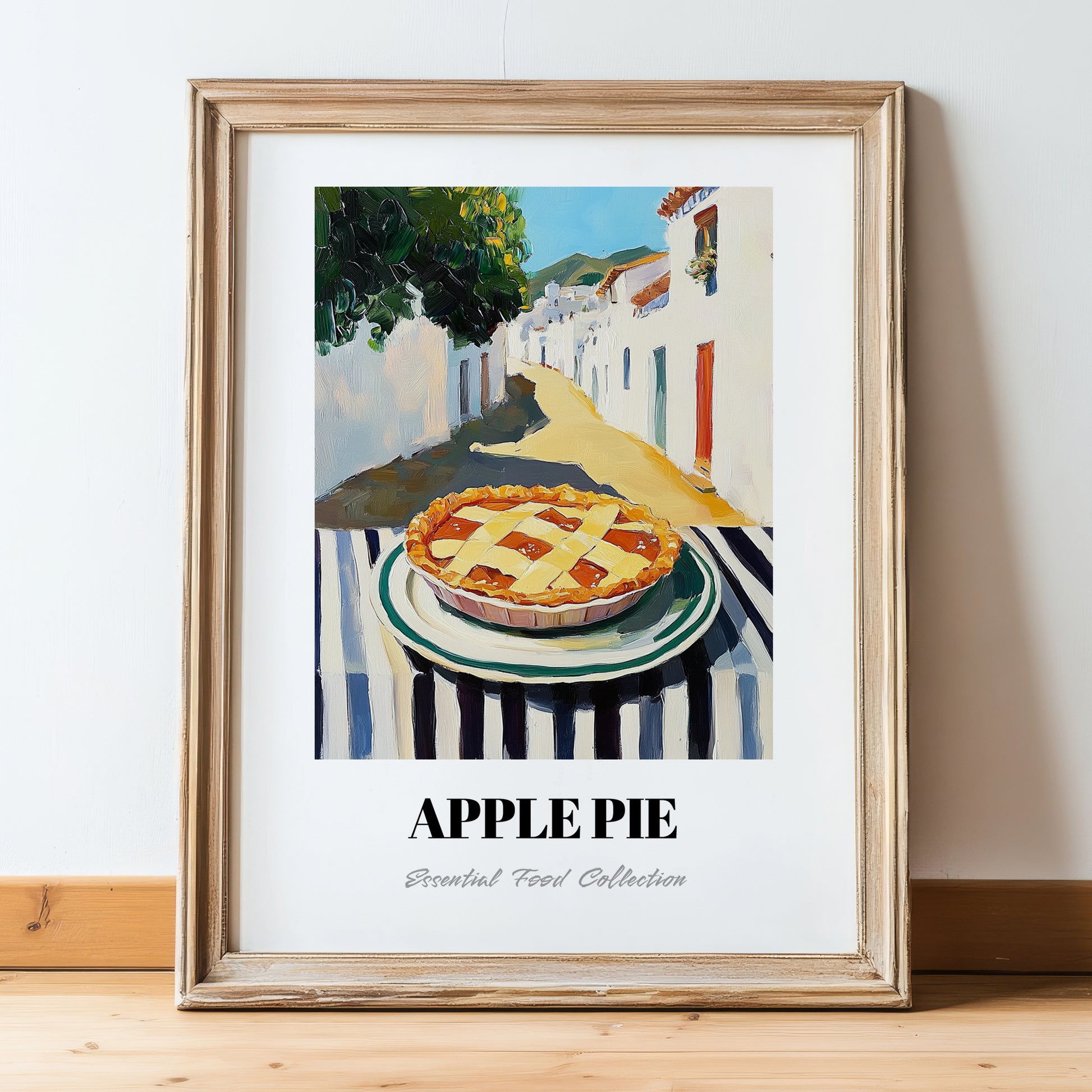 Apple Pie – White village Café on the Corner, American Dessert Poster, in wooden frame leaning on the floor