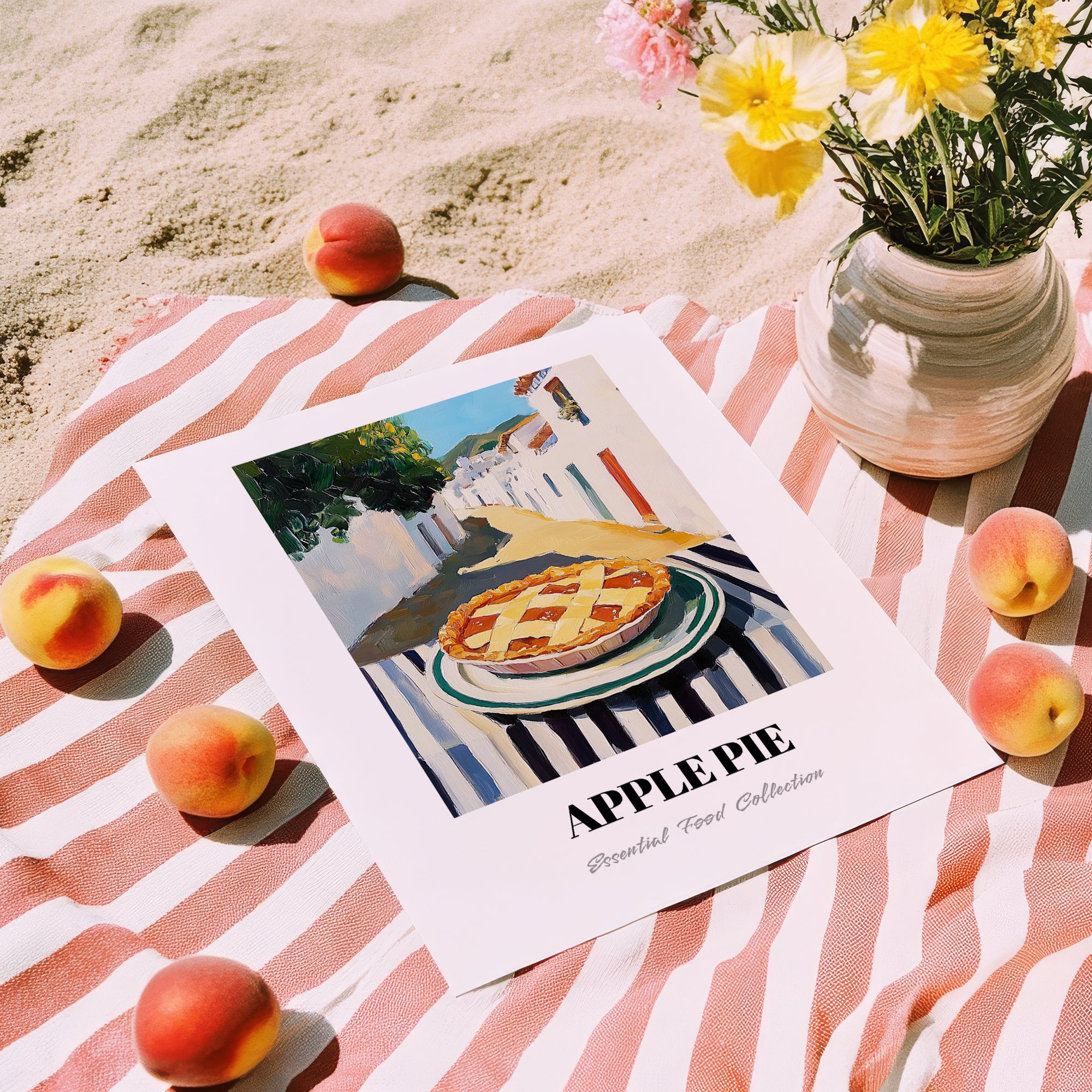 Apple Pie – White village Café on the Corner, American Dessert Poster, unframed on coastal sand