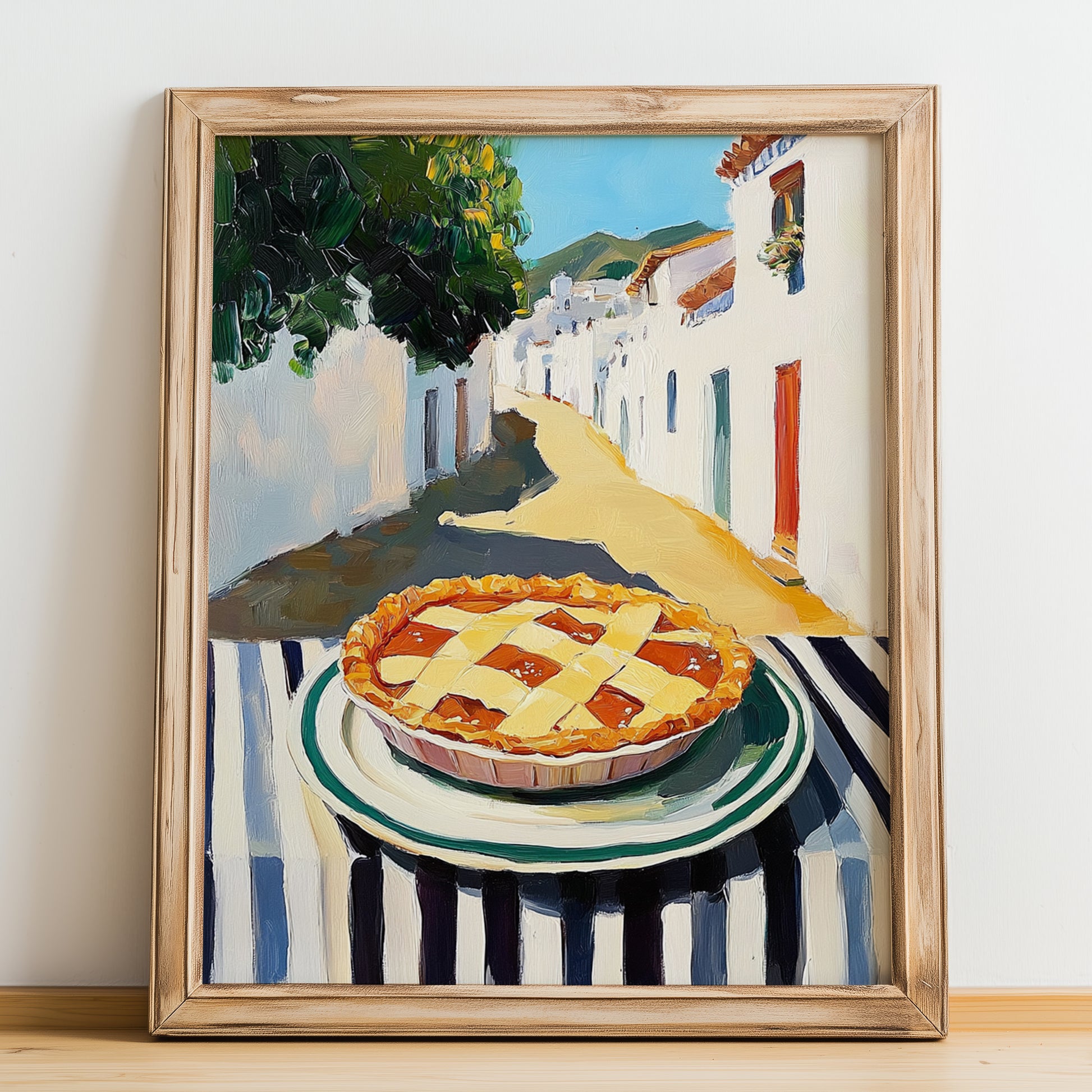 Apple Pie – White village Café on the Corner, American Dessert Poster, no-text version framed in wood