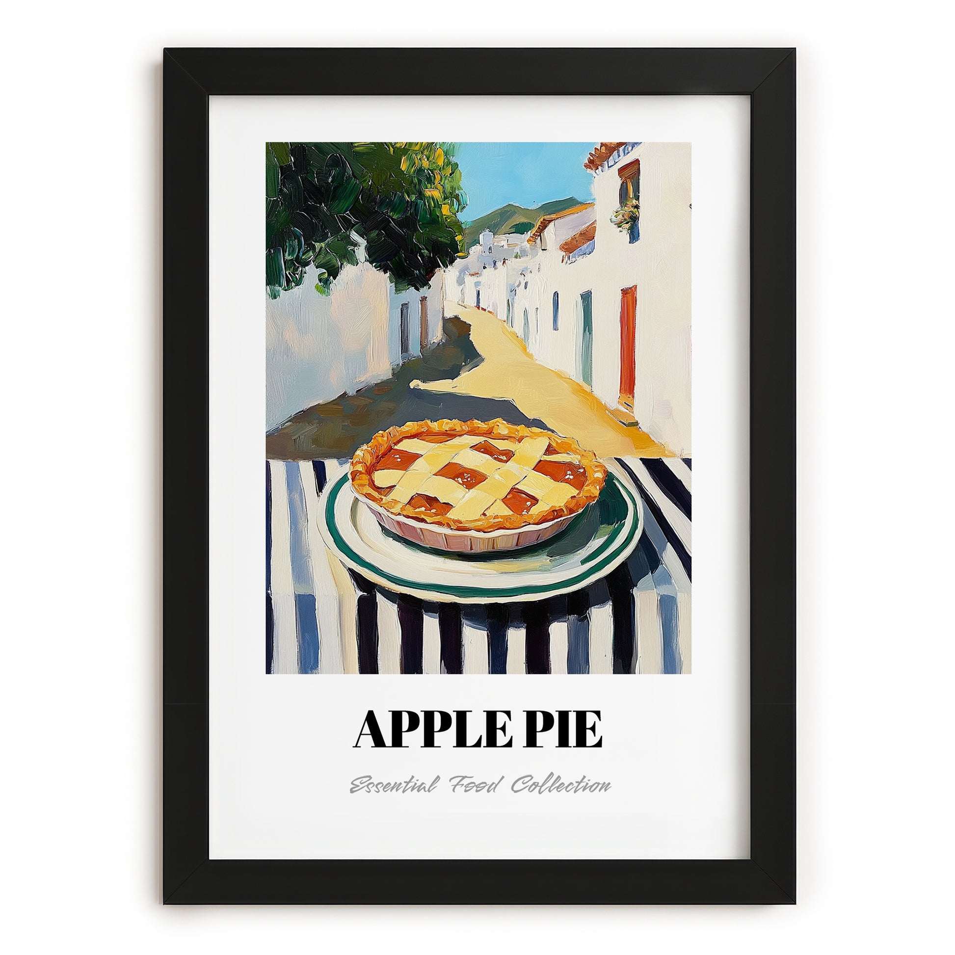 Apple Pie – White village Café on the Corner, American Dessert Poster, in sleek black frame