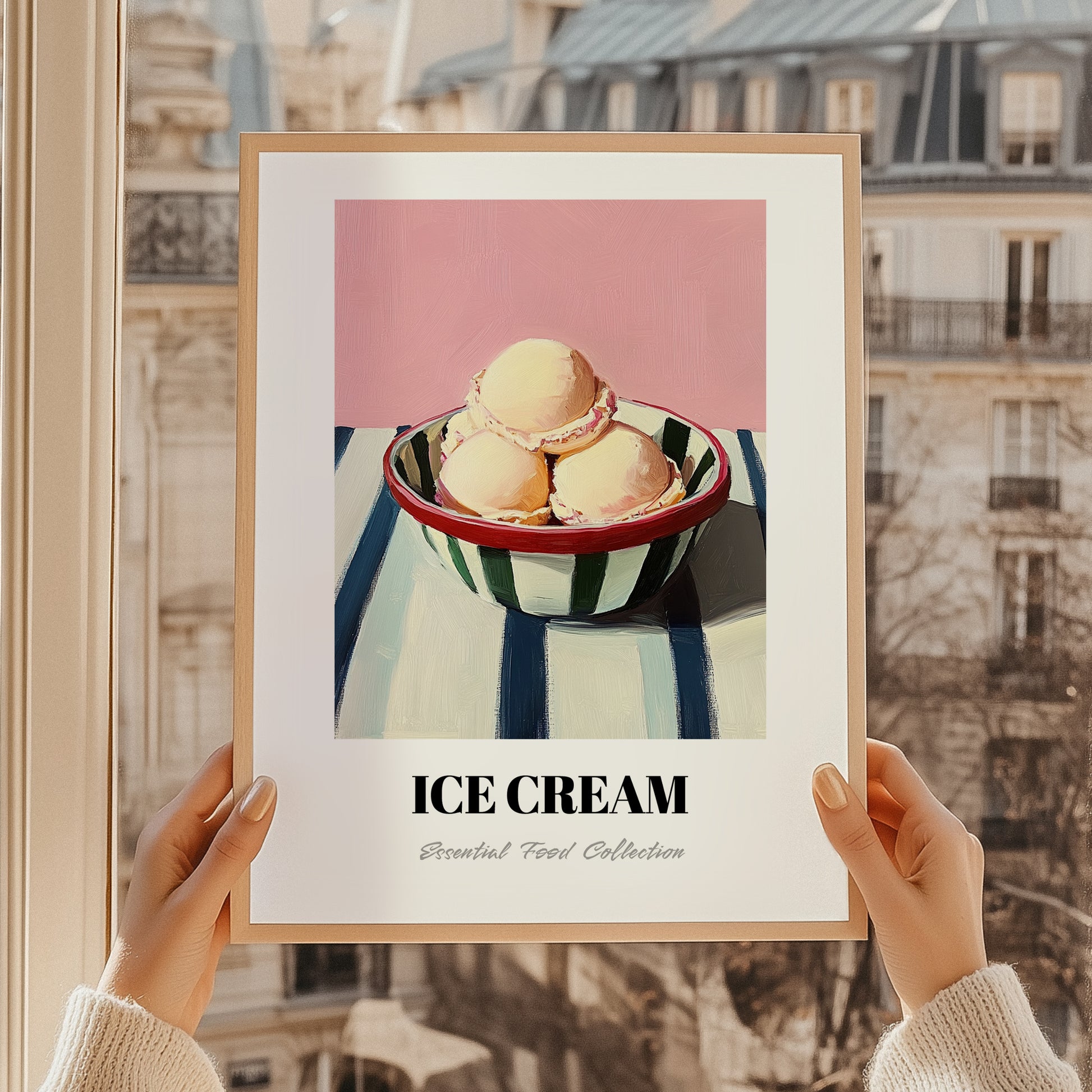 Ice Cream – on Striped Tablecloth, American Ice Cream Print, styled in a charming Paris street view