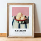 Ice Cream – on Striped Tablecloth, American Ice Cream Print, in wooden frame leaning on the floor