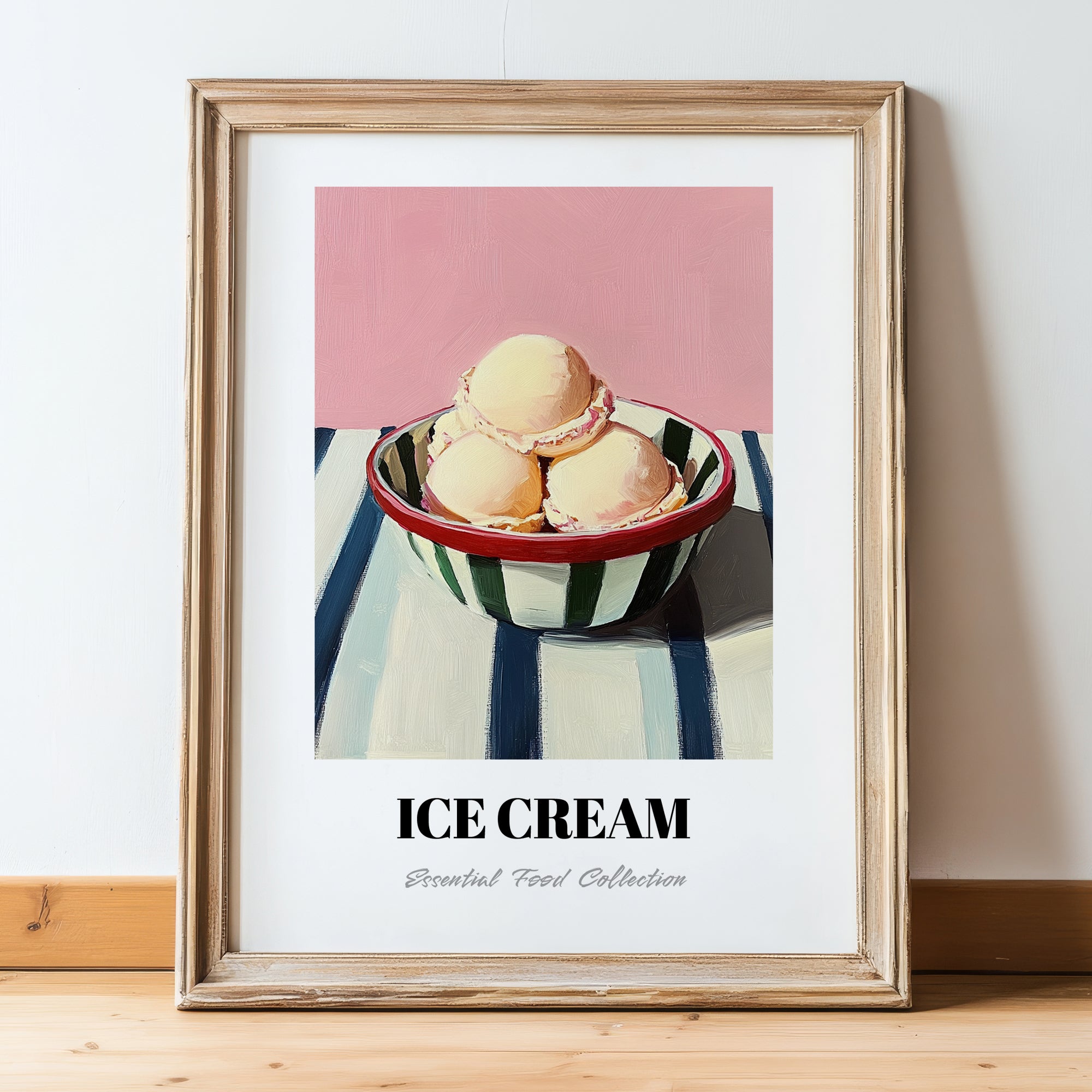 Ice Cream – on Striped Tablecloth, American Ice Cream Print, in wooden frame leaning on the floor