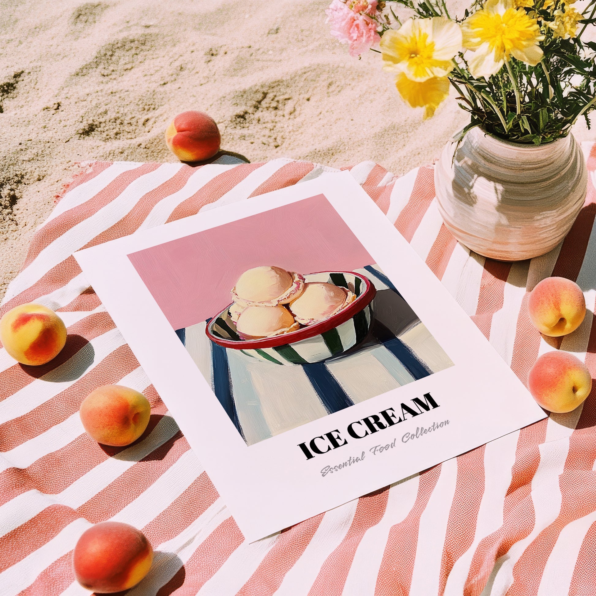 Ice Cream – on Striped Tablecloth, American Ice Cream Print, unframed on coastal sand