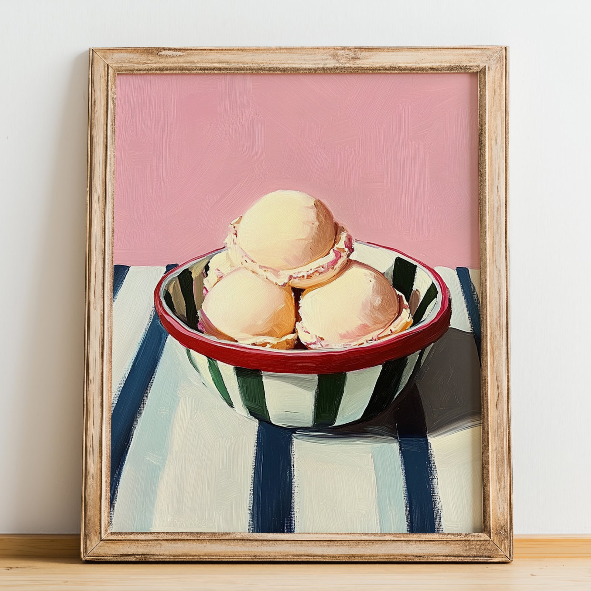 Ice Cream – on Striped Tablecloth, American Ice Cream Print, no-text version framed in wood