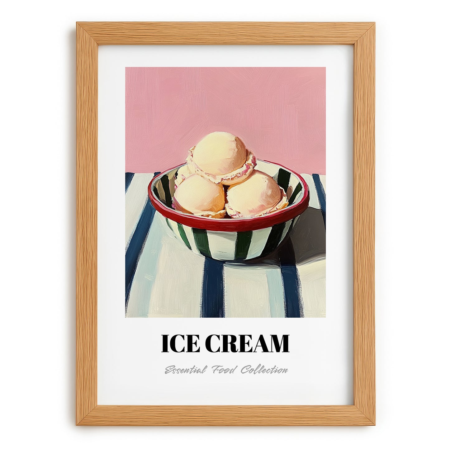 Ice Cream – on Striped Tablecloth, American Ice Cream Print, set in oak frame