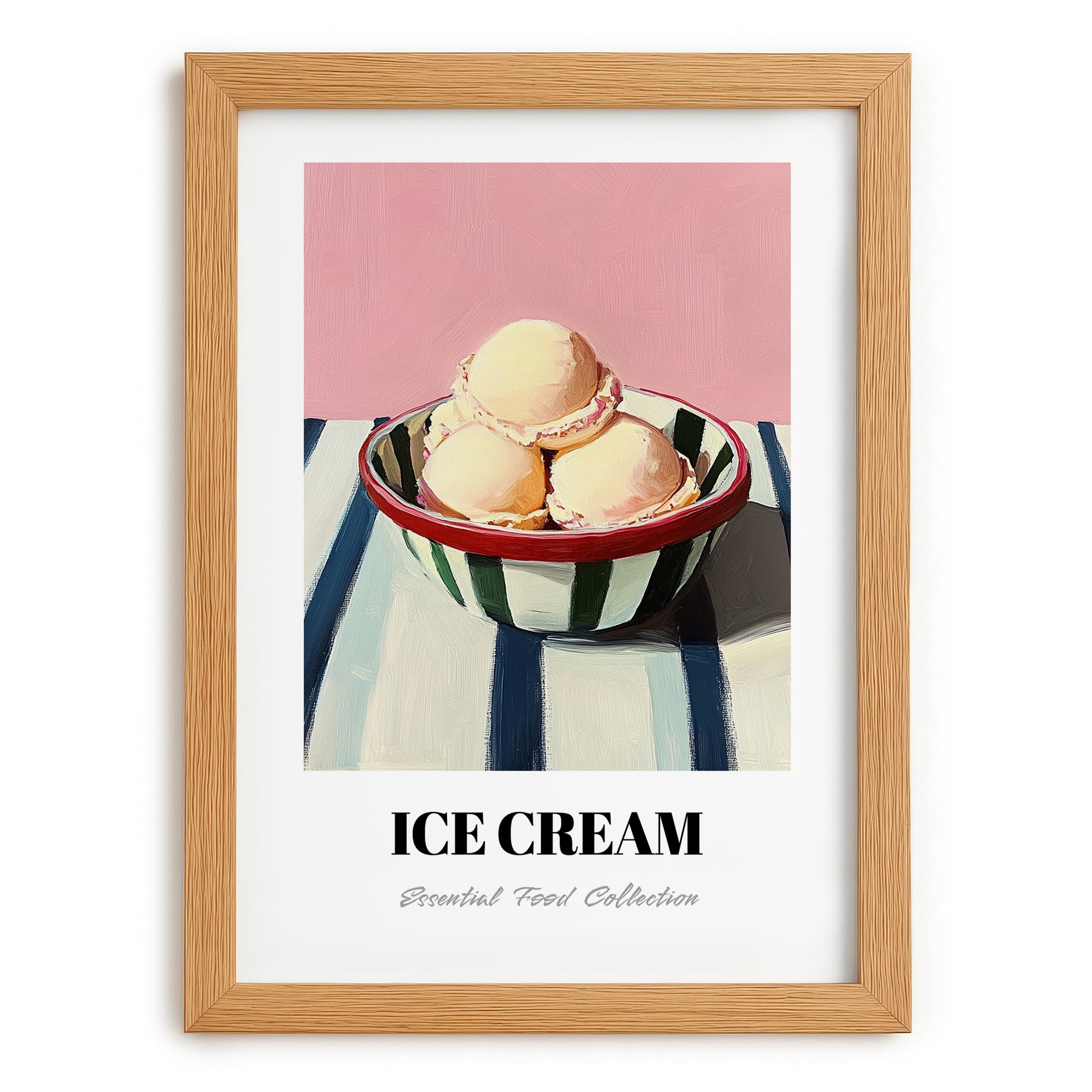 Ice Cream – on Striped Tablecloth, American Ice Cream Print, set in oak frame