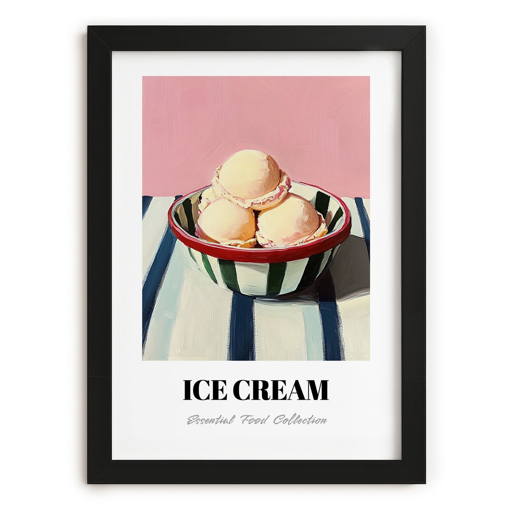 Ice Cream – on Striped Tablecloth, American Ice Cream Print, in sleek black frame