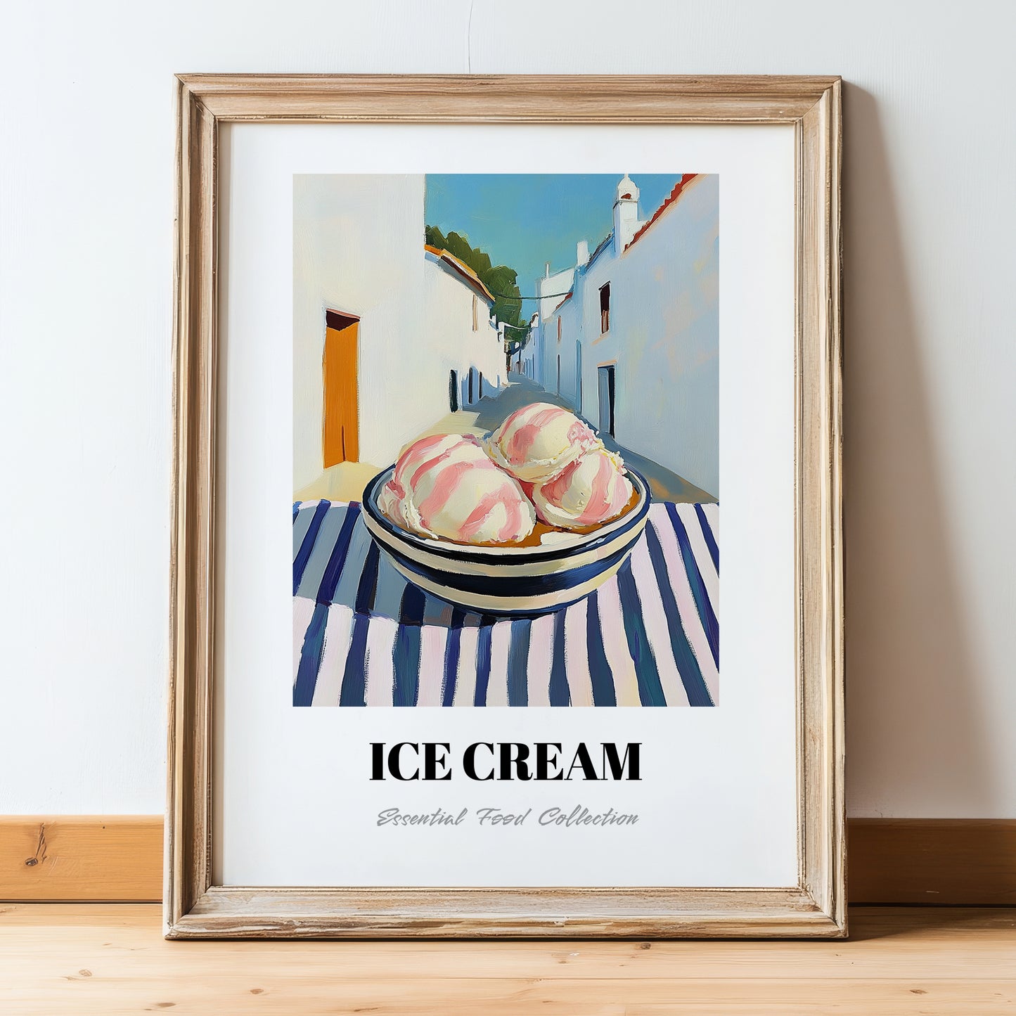 Ice Cream – White village Café on the Corner, American Ice Cream Wall Decor, in wooden frame leaning on the floor